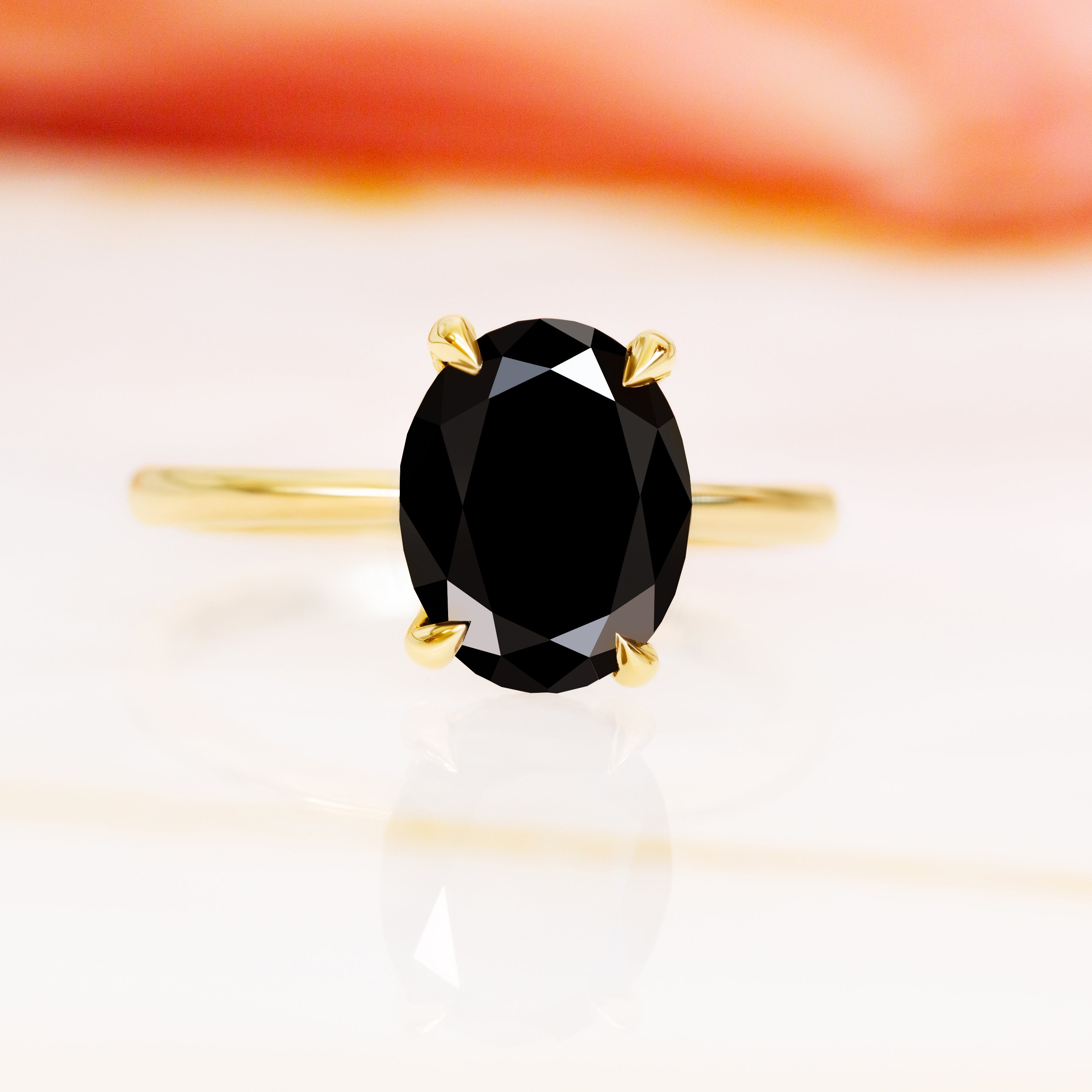 Solitaire Natural Black Diamond Oval Engagement Ring in Yellow Gold