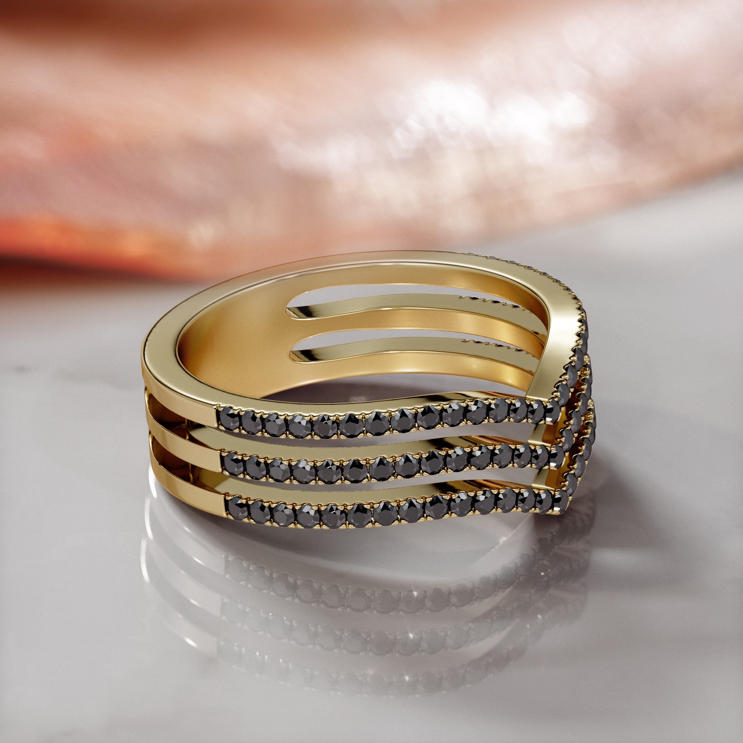 Three-Stripe Natural Black Diamond Wedding RIng