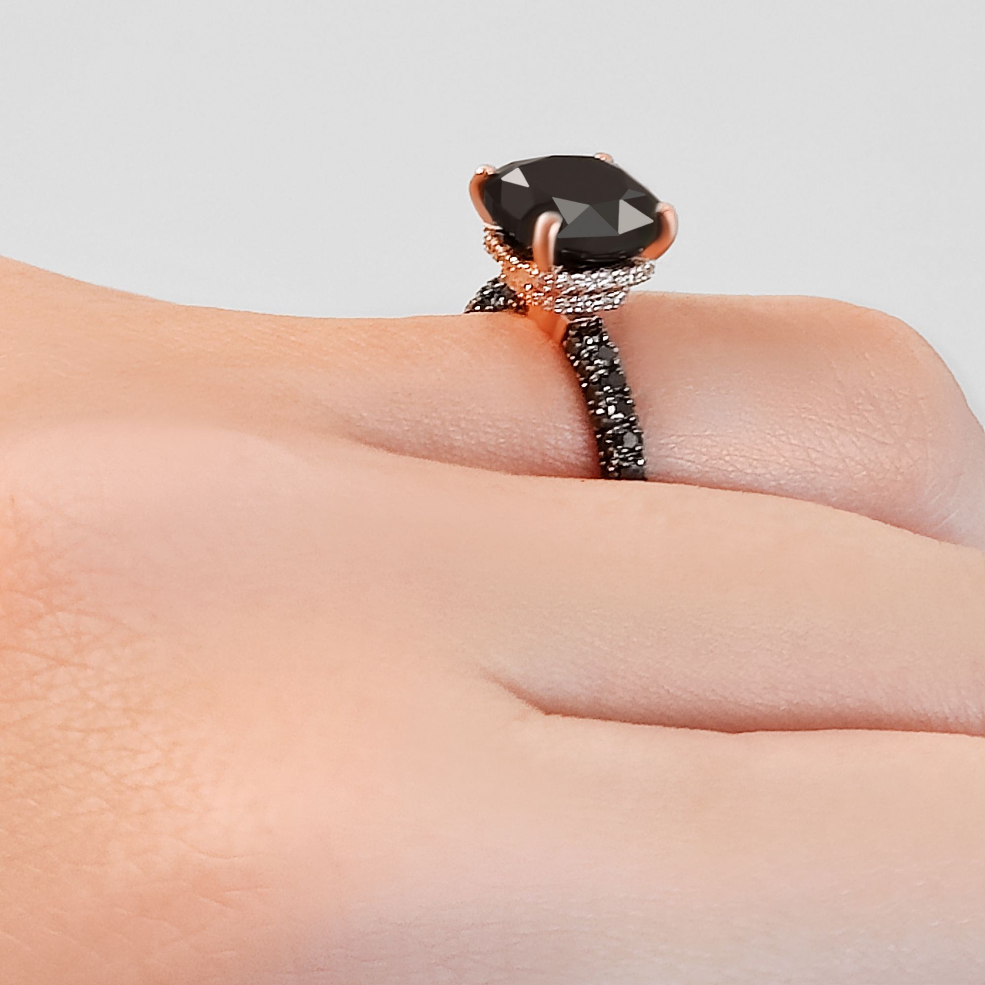 6.44 Carats Three-Sided Band Natural Black Diamond Cushion Engagement Ring