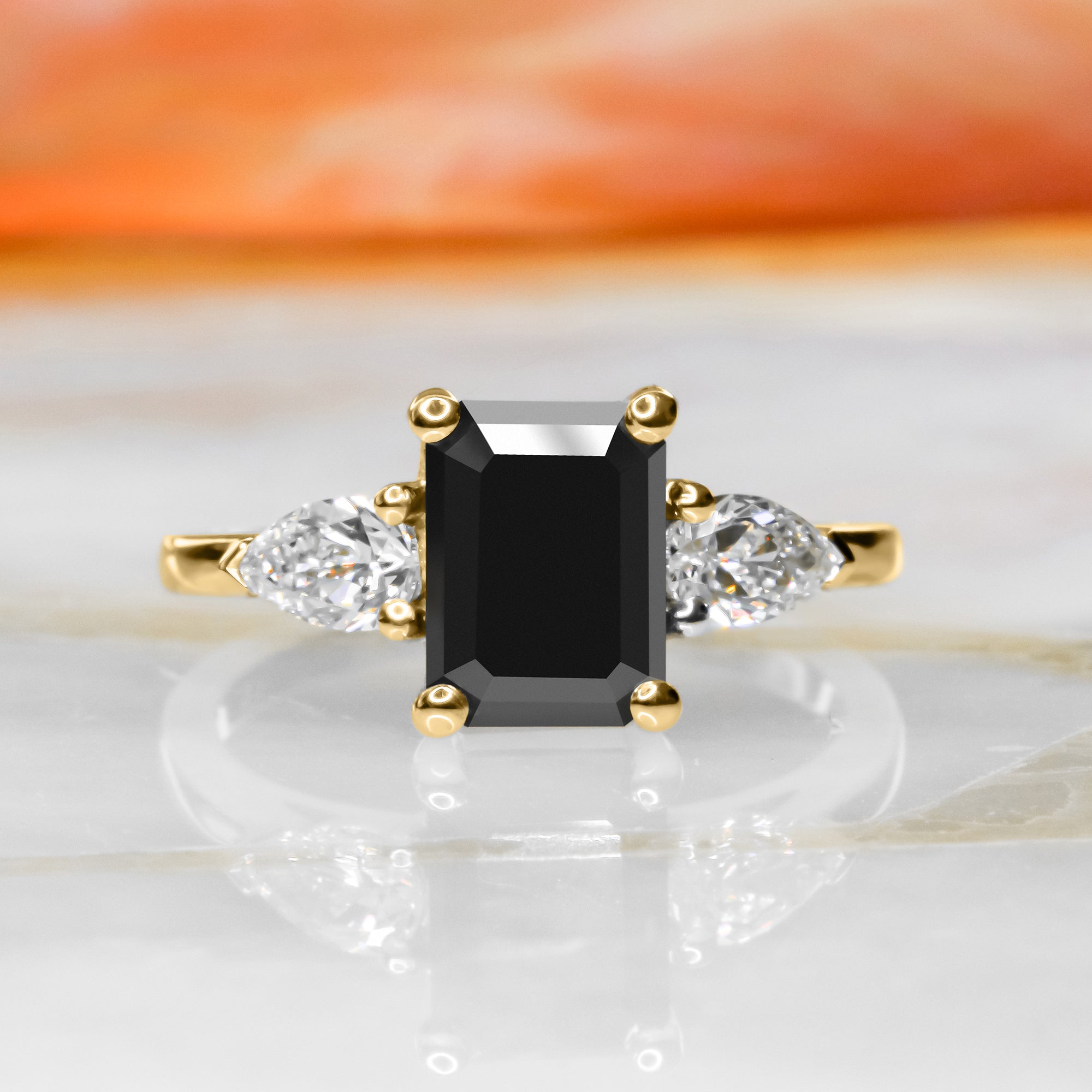 Kamari  Three Stone  Natural Black Diamond Emerald Cut Engagement Ring