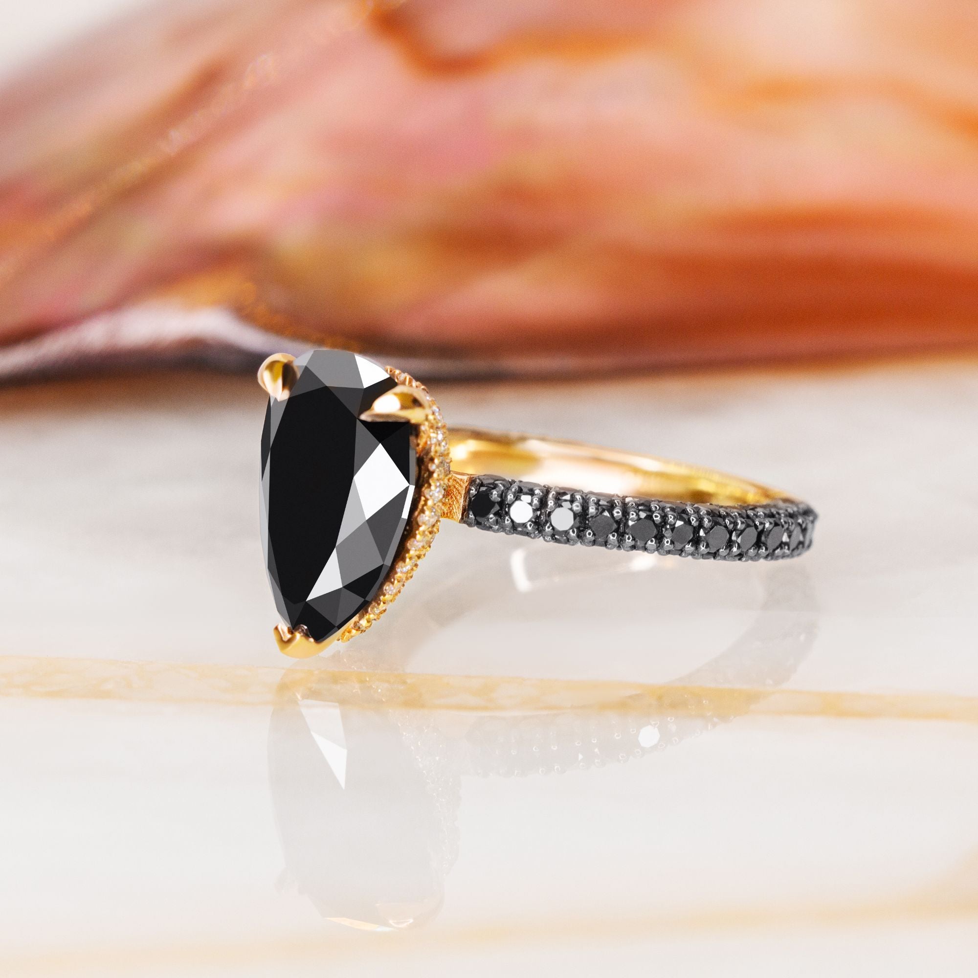 Three Sided Band Black & White Natural Diamond Pear Cut Engagement Ring