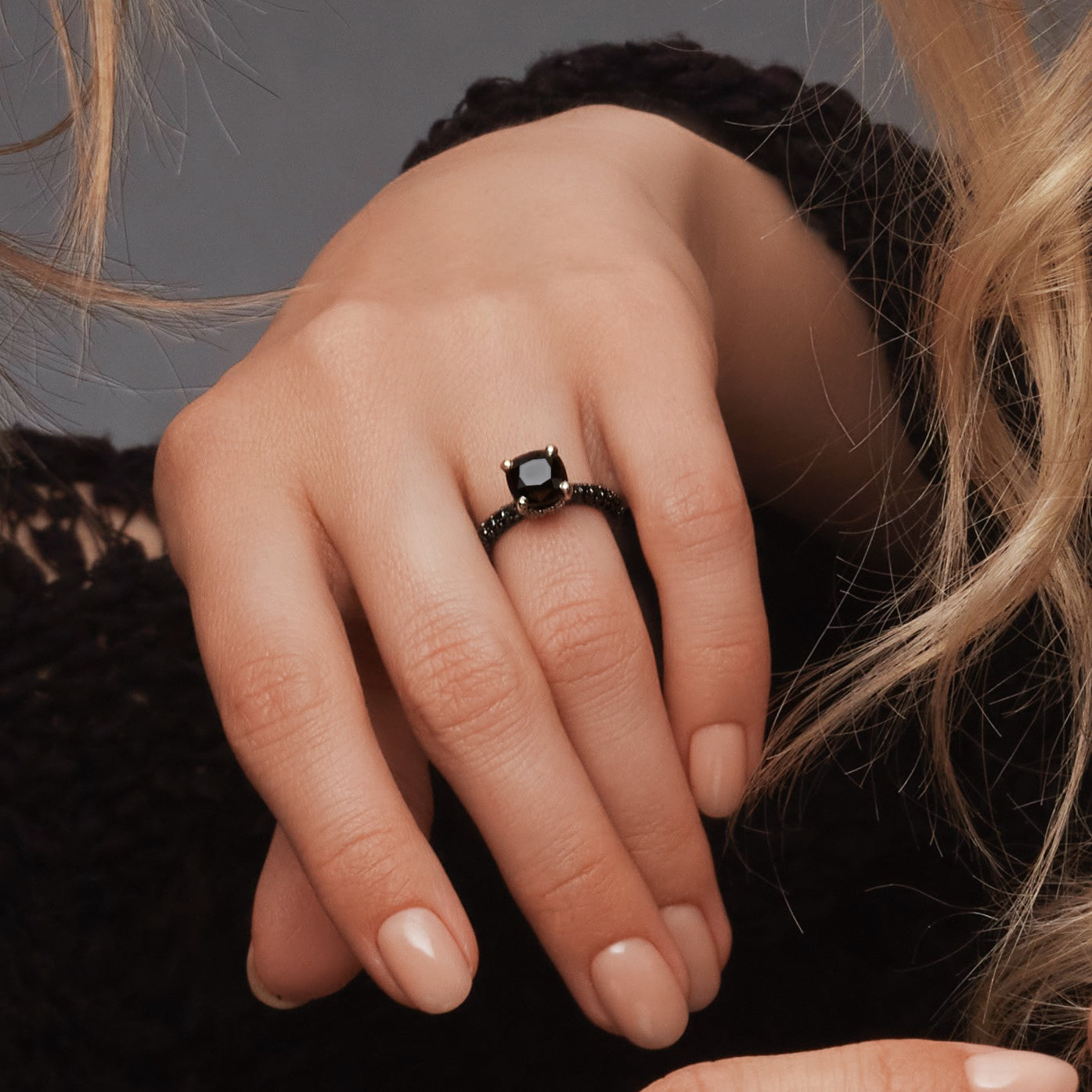 4 Carats Double Hidden Halo Natural Black Diamond Cushion Engagement Ring in White Gold