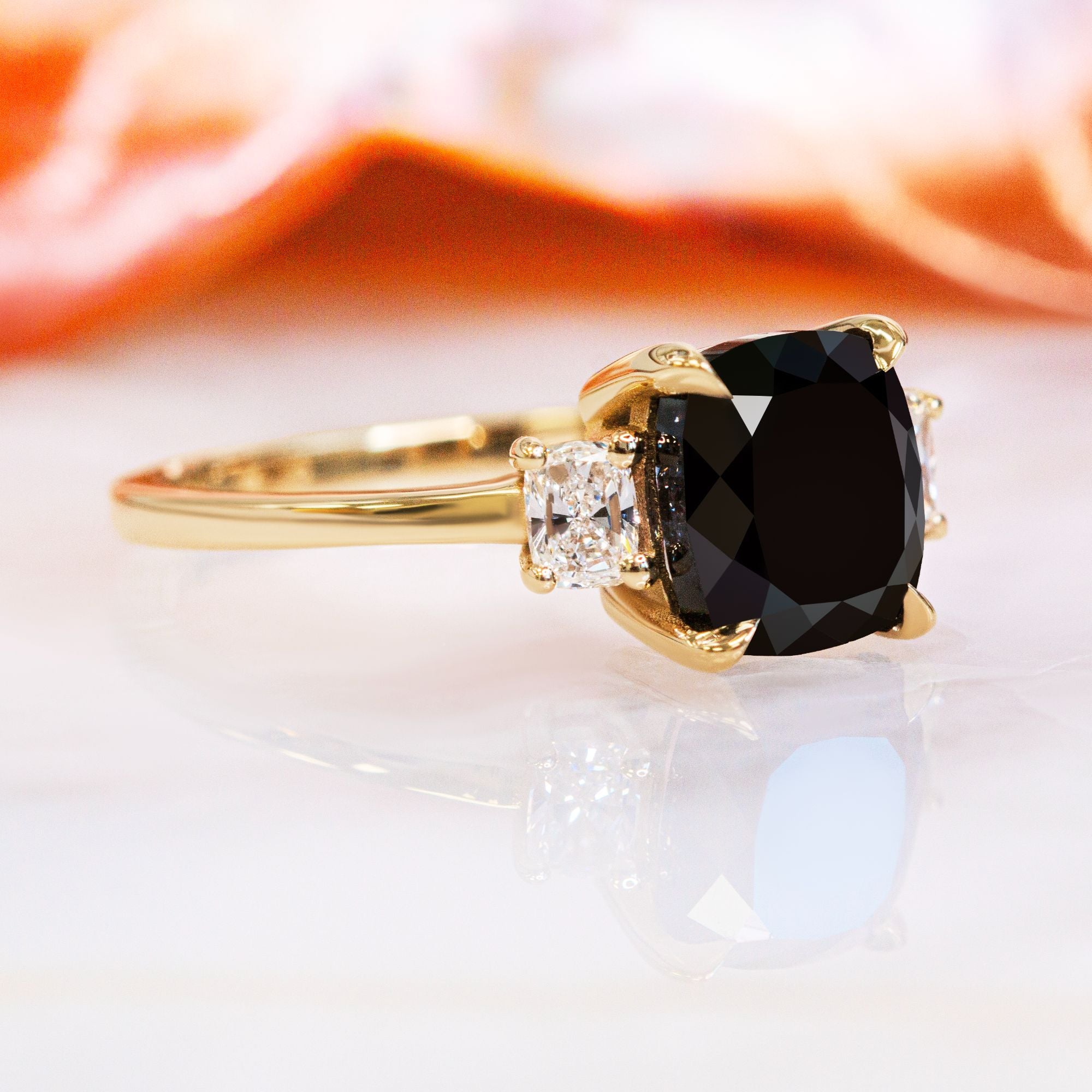 Three Stone  Natural Black Diamond Cushion Engagement Ring  in Yellow Gold