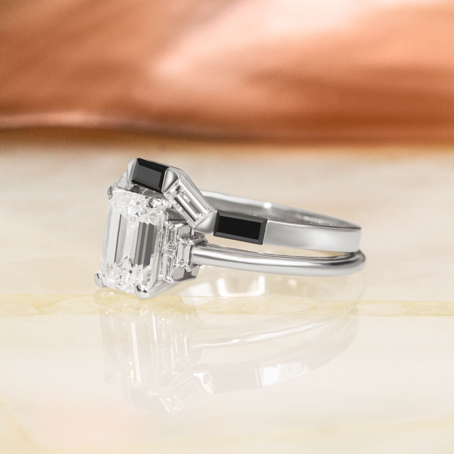 White Light - Trapezed  Natural Black Diamond Ring Set With Baguette Cut Diamonds