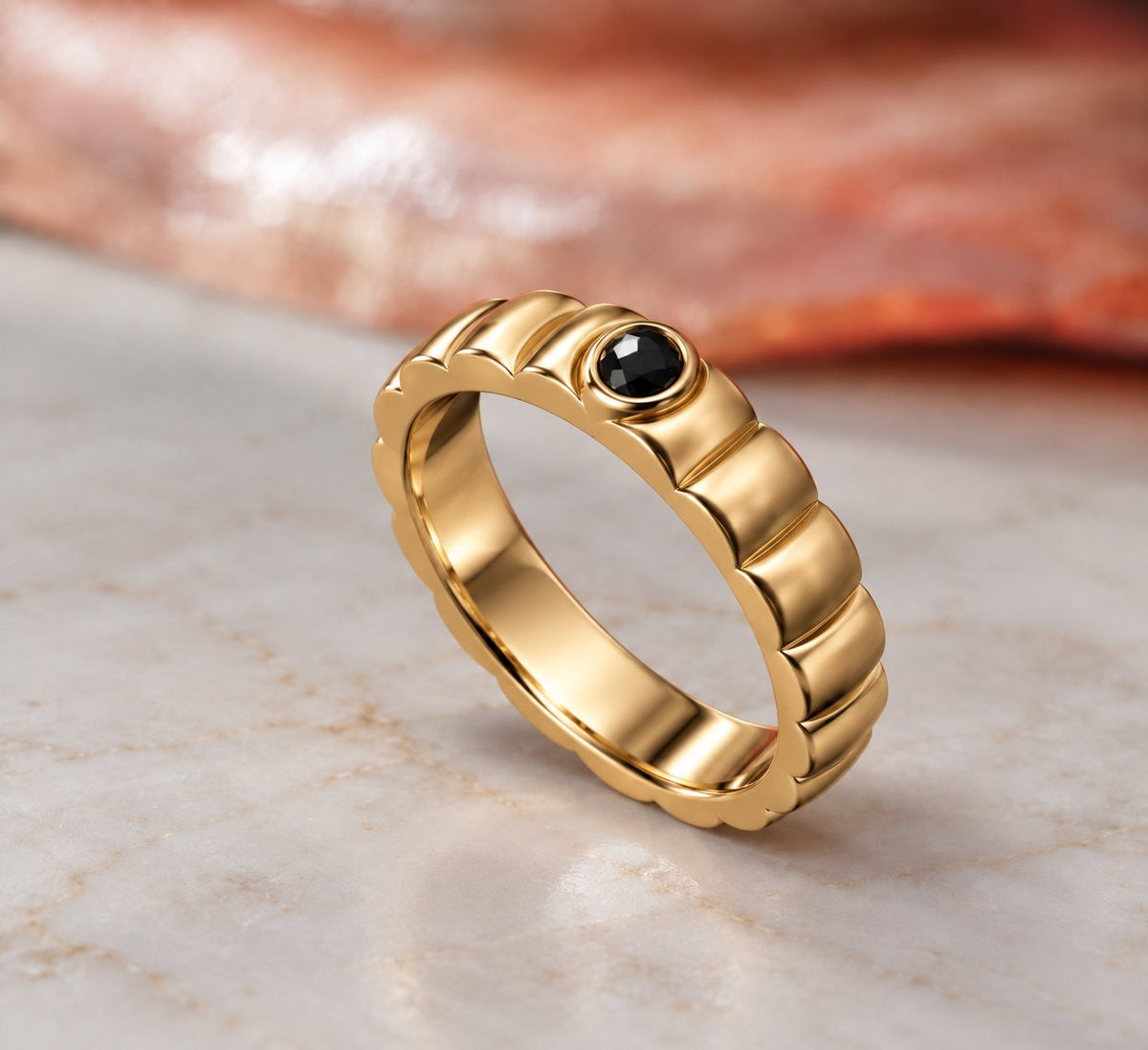 Gravitational Wave wedding band in yellow gold, three-quarter view