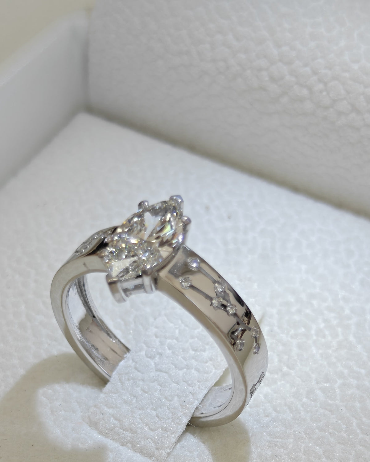 The Constellation ring in white gold, in its box