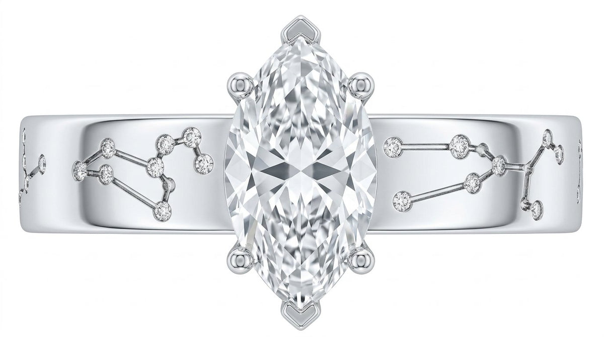 Constellation engagement ring in white gold, front view with a marquise diamond and constellations on the band