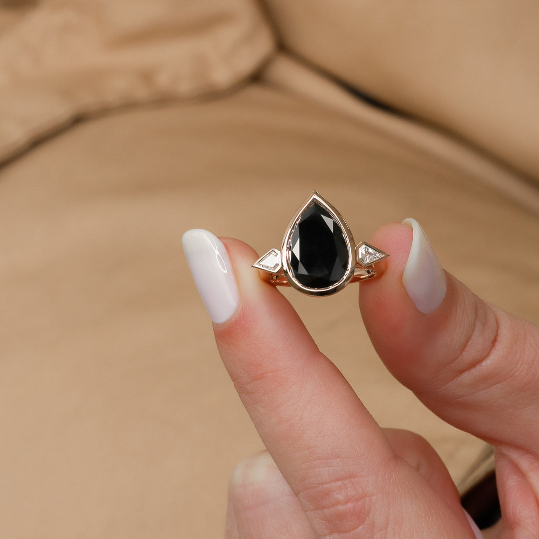Three Stone  Natural Black Diamond Pear Engagement Ring
