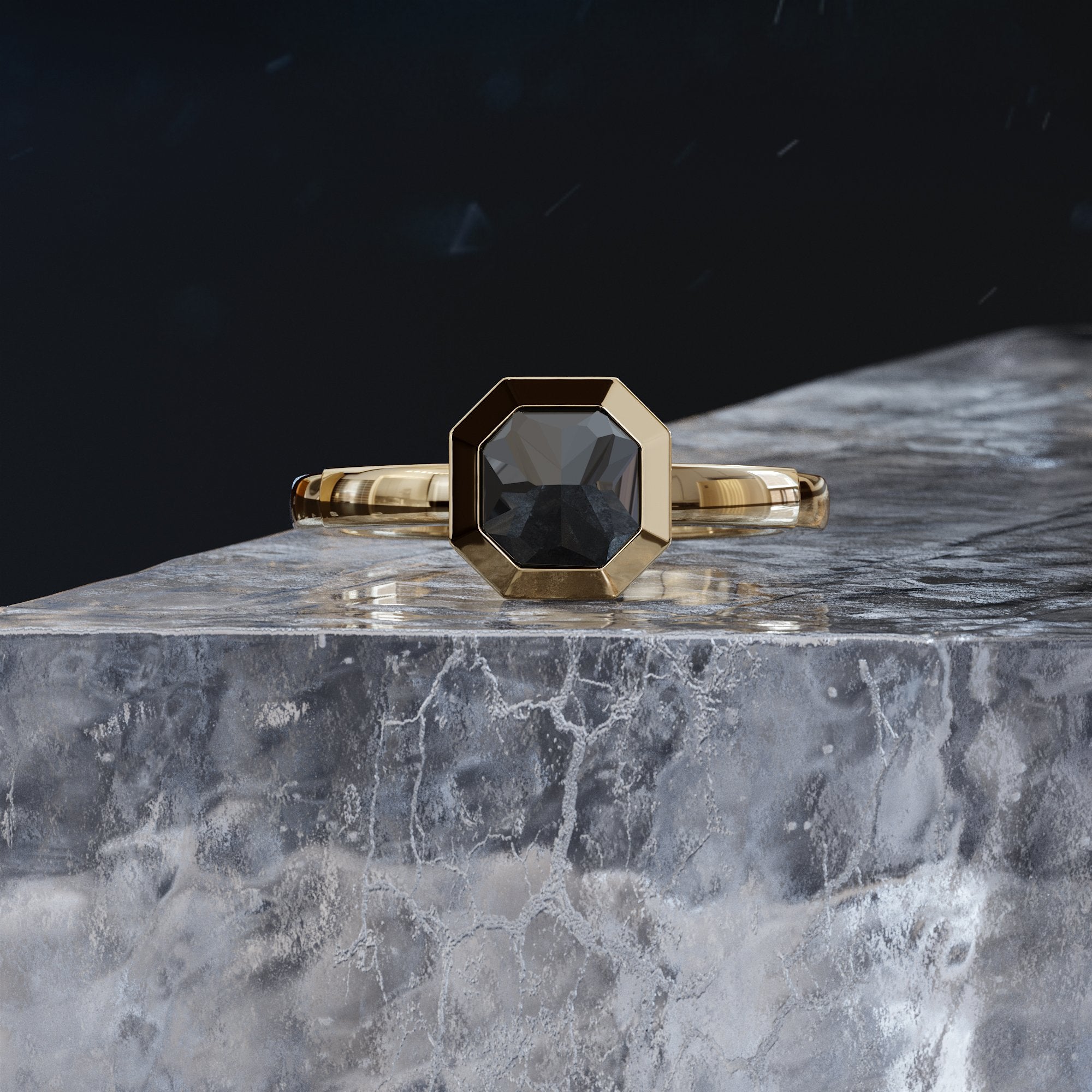 Unique  Natural Black Diamond Emerald Cut Engagement Ring