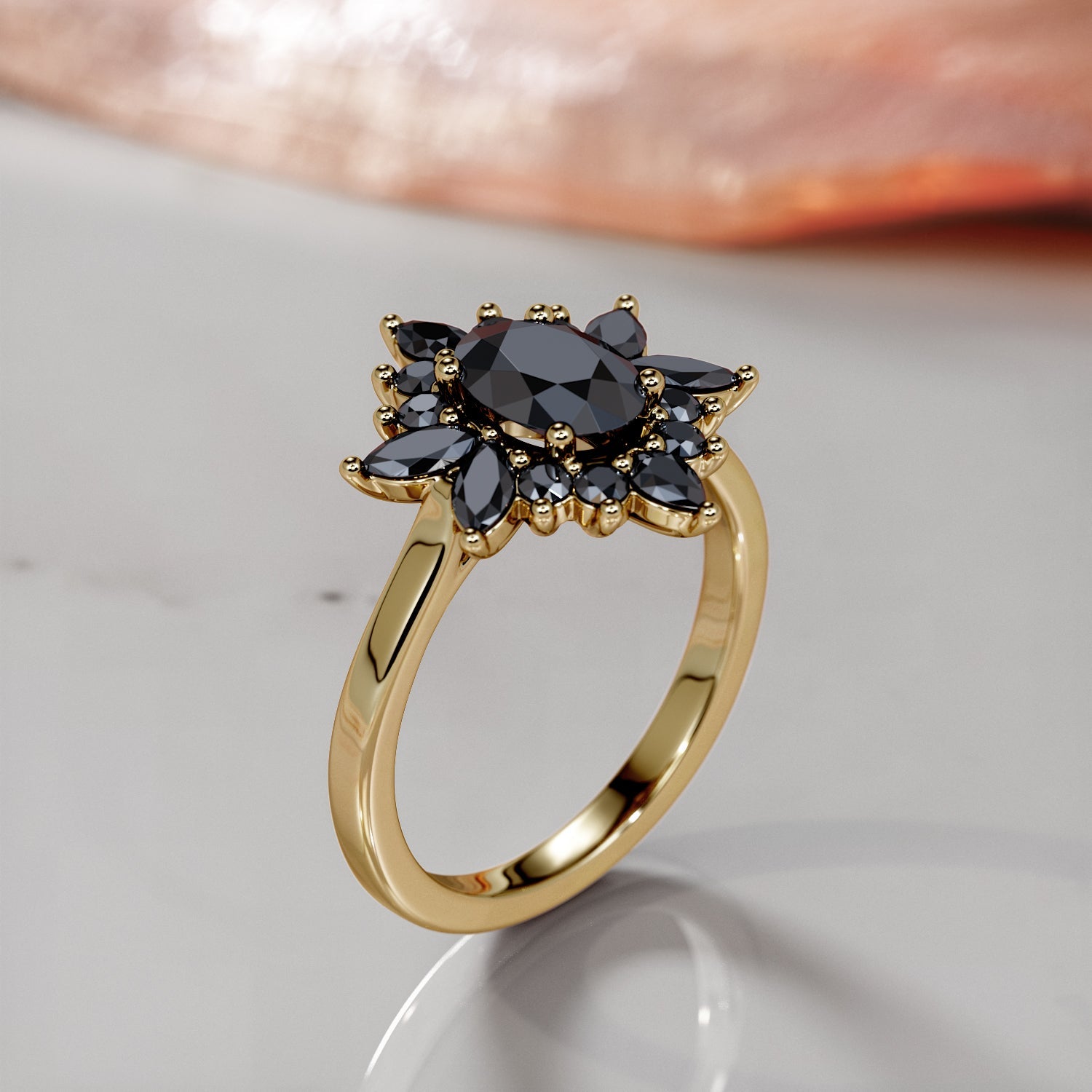 Floral  Natural Black Diamond Oval Engagement Ring