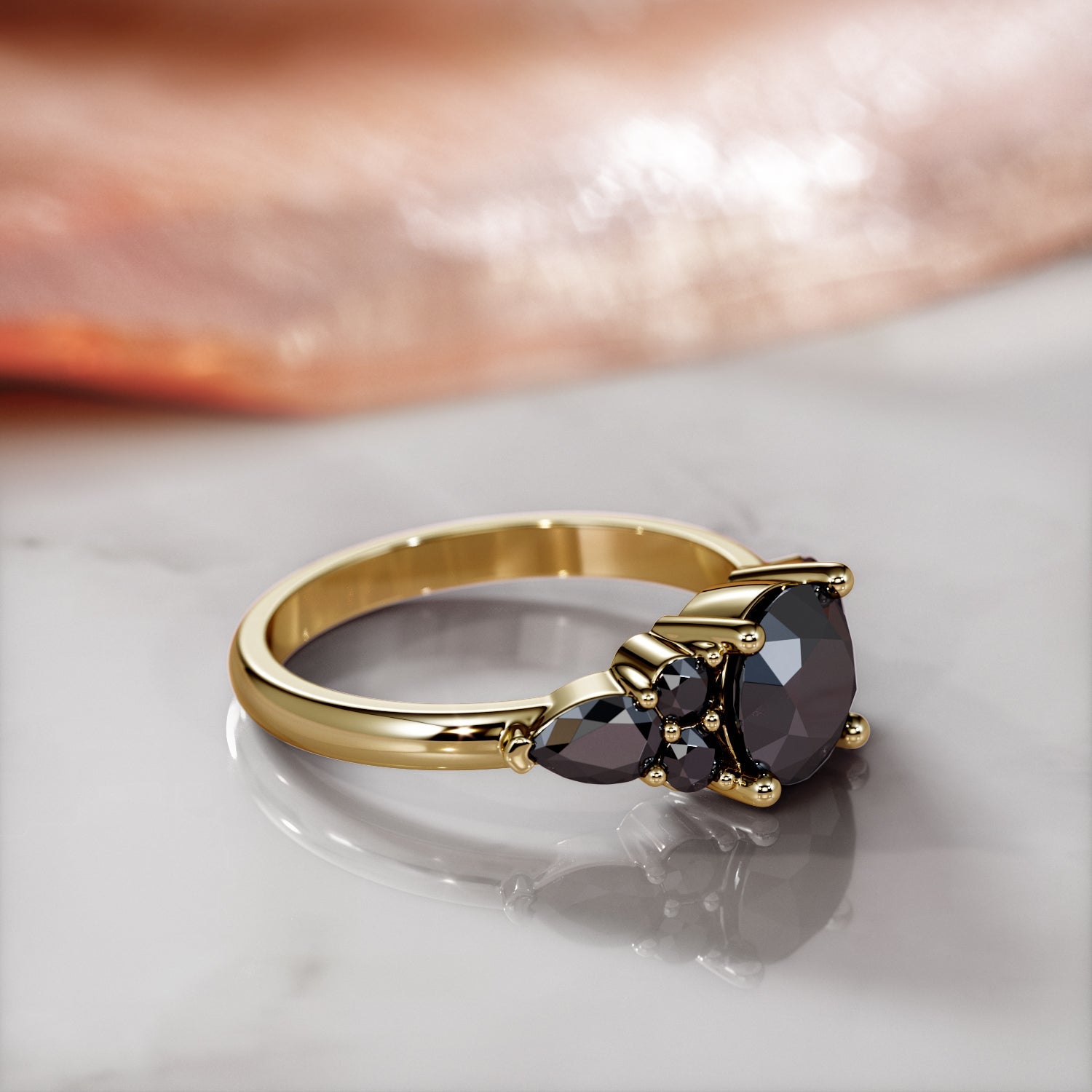Art Deco 3-stone  Natural Black Diamond Round Engagement Ring