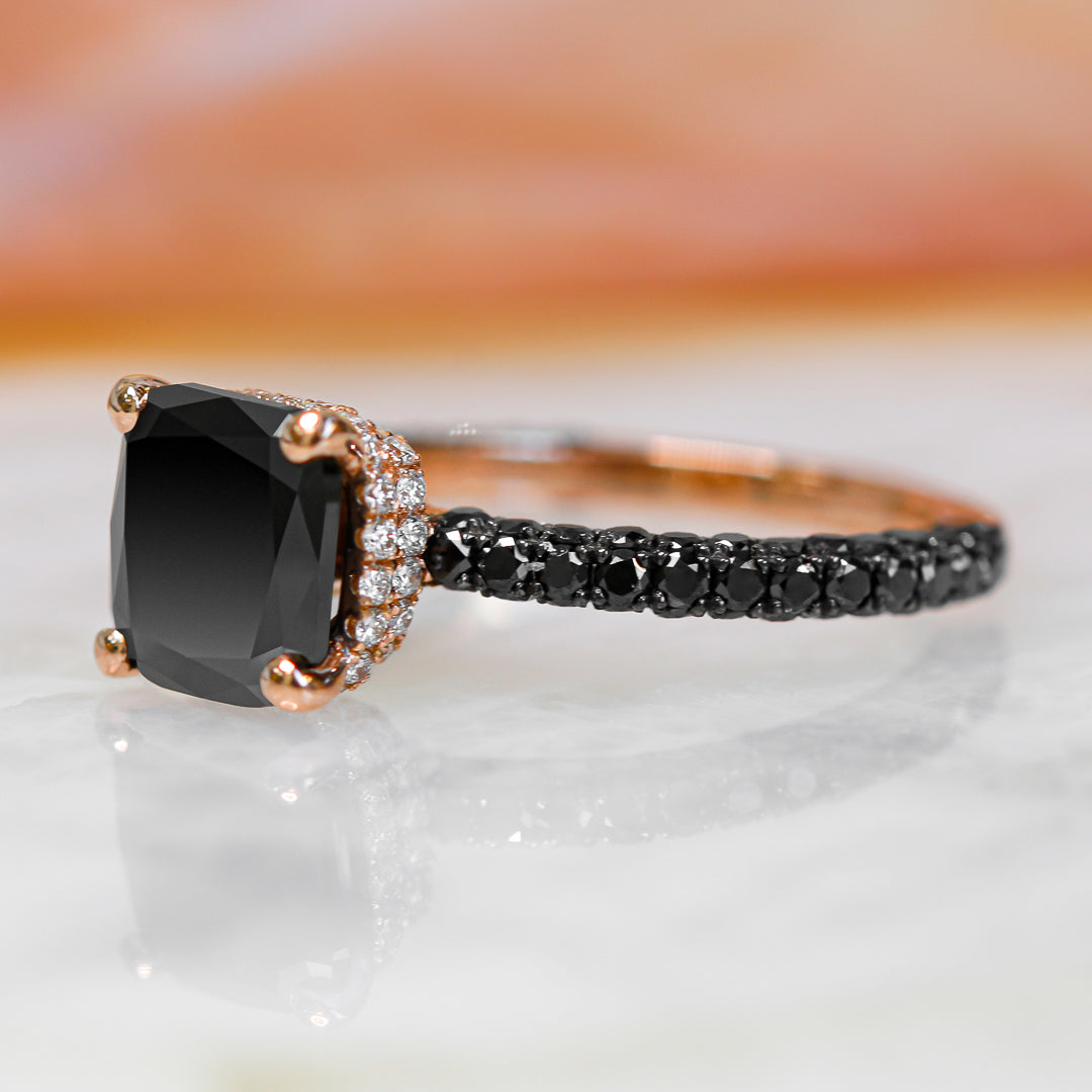 3.44 Carats Double Hidden Halo Three-Sided Black & White Natural Diamond Cushion Cut