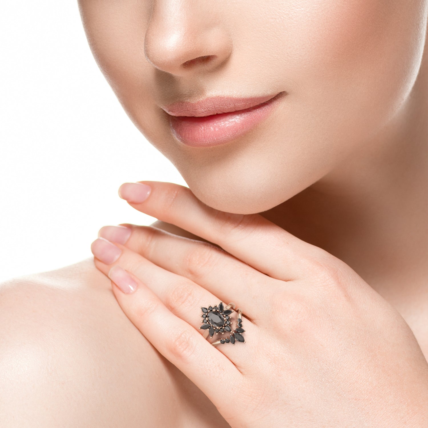 Floral Wedding Ring with Round & Marquise Cut Natural Black Diamonds