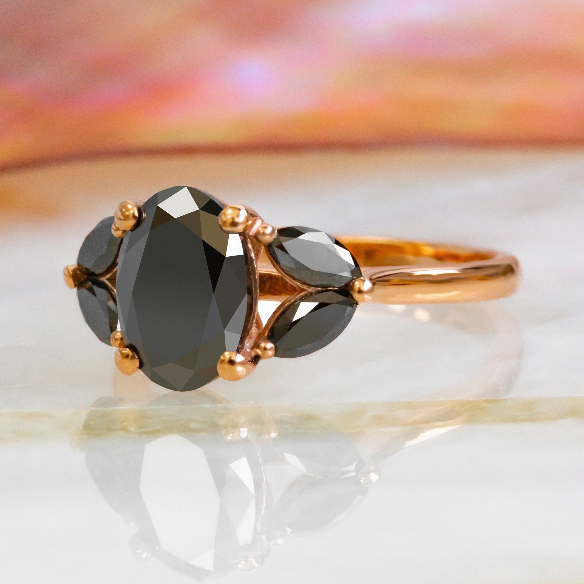 Rosette - Floral Natural Black Diamond Oval Engagement Ring