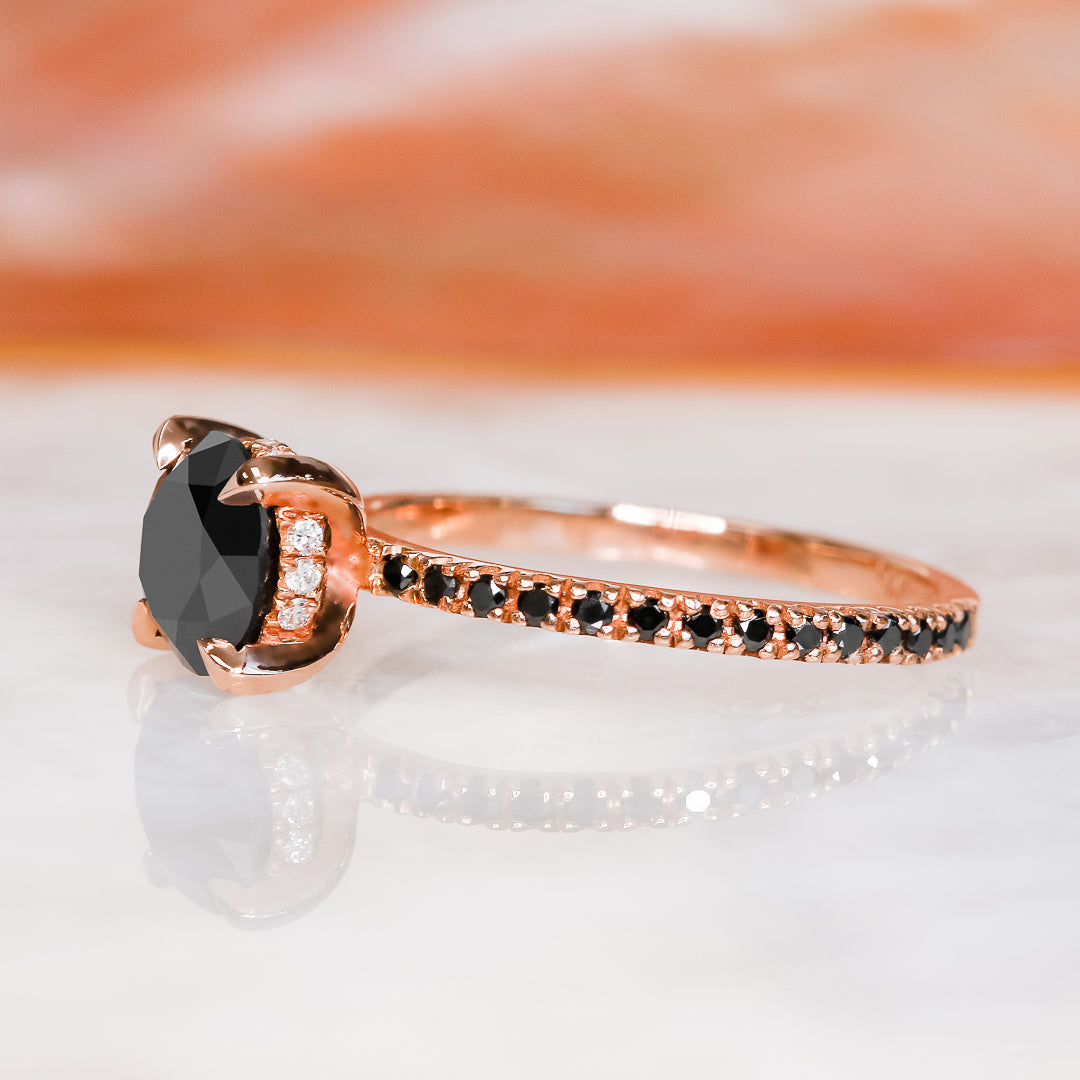 Unique Natural Black Diamond Round Engagement Ring