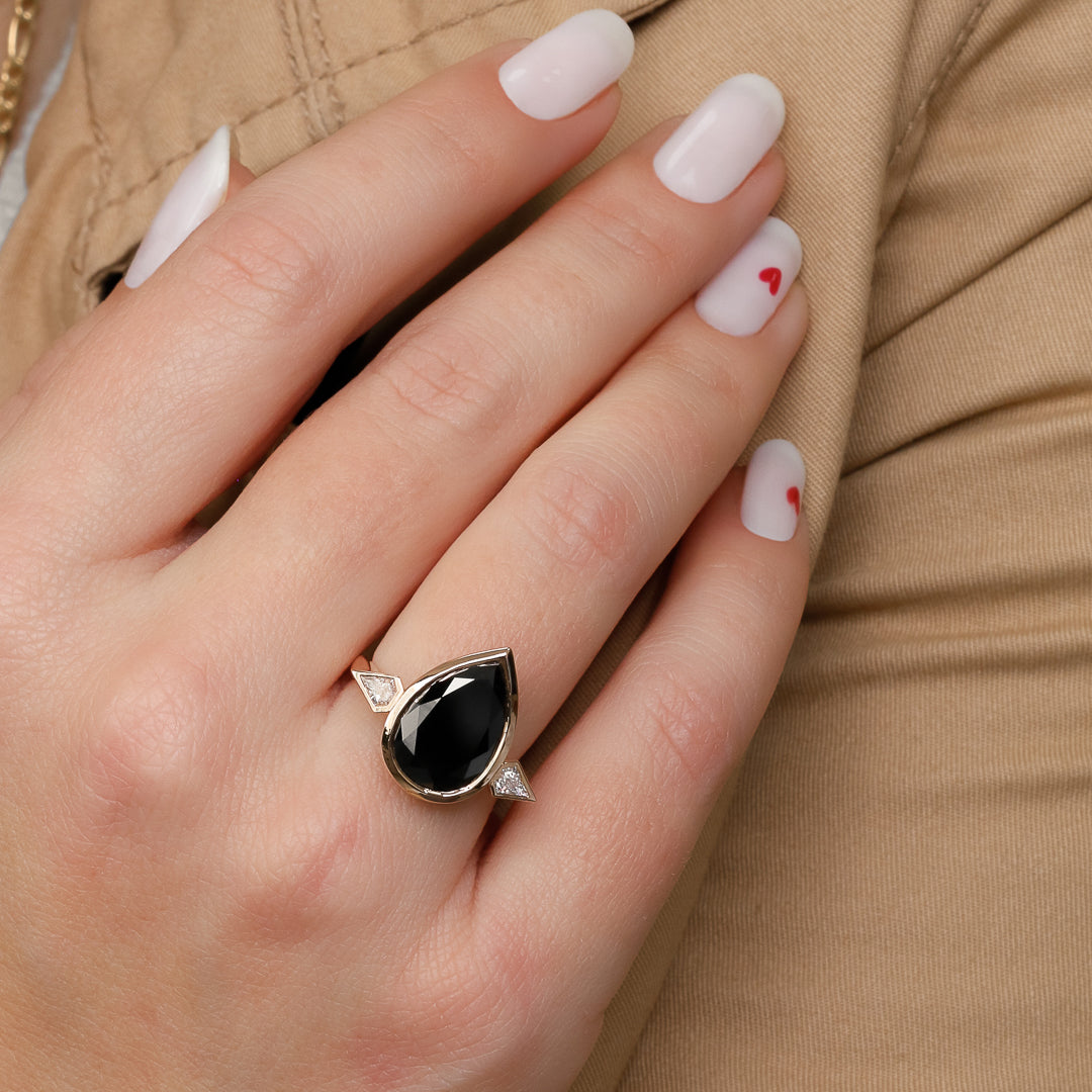 Three Stone  Natural Black Diamond Pear Engagement Ring