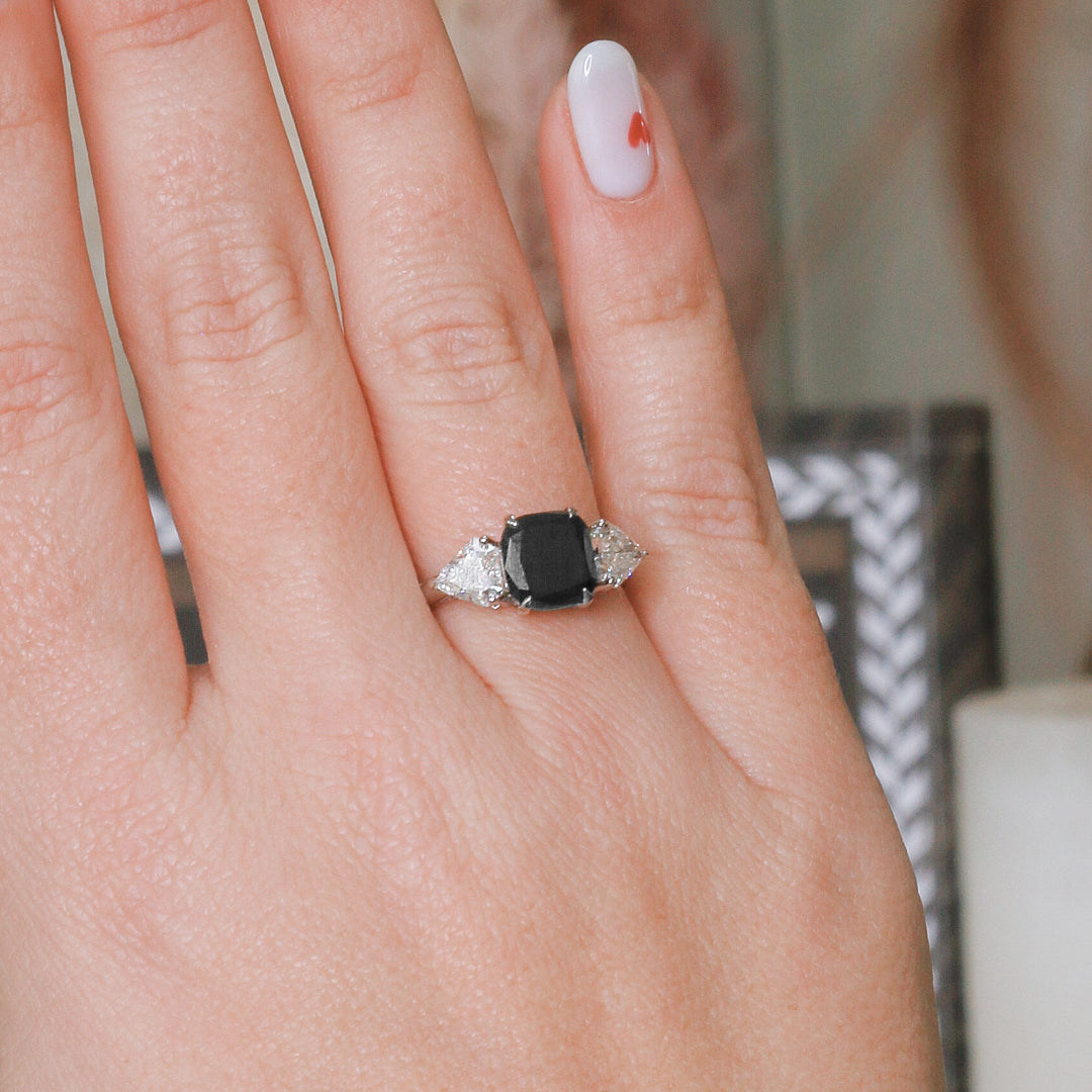 Three Stone  Natural Black Diamond Cushion