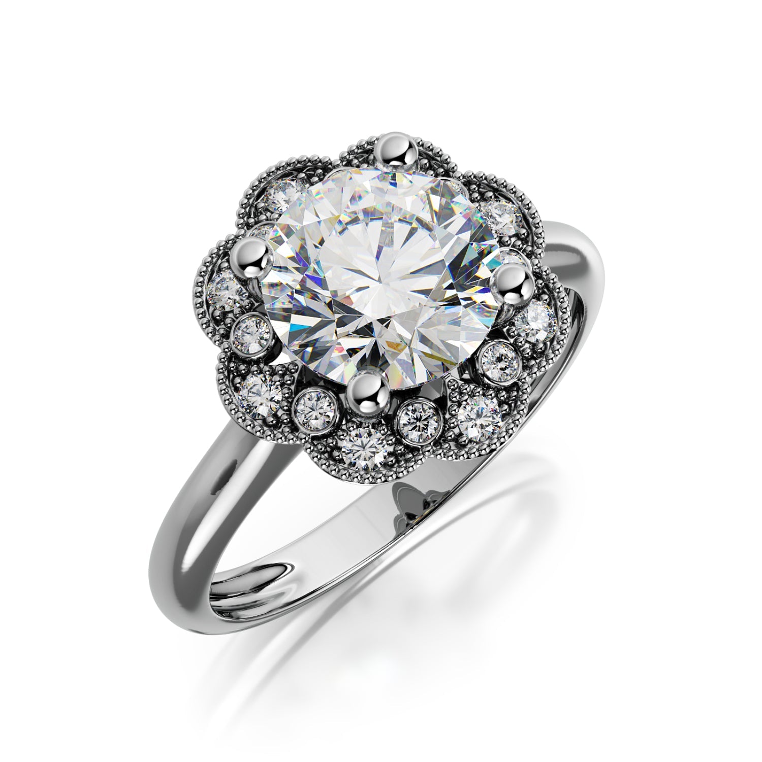 Twilight - Decorative Halo Natural Round  Diamond Engagement Ring