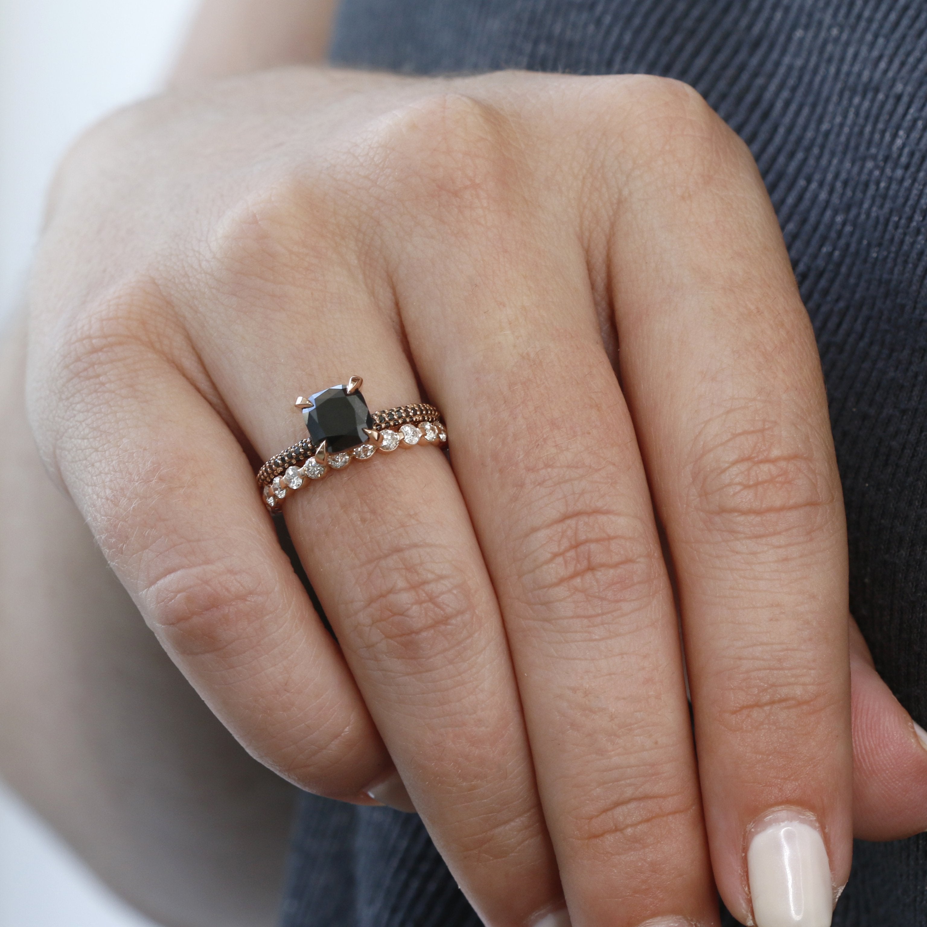 Unique  Natural Black & White Diamond Cushion Cut Engagement Ring