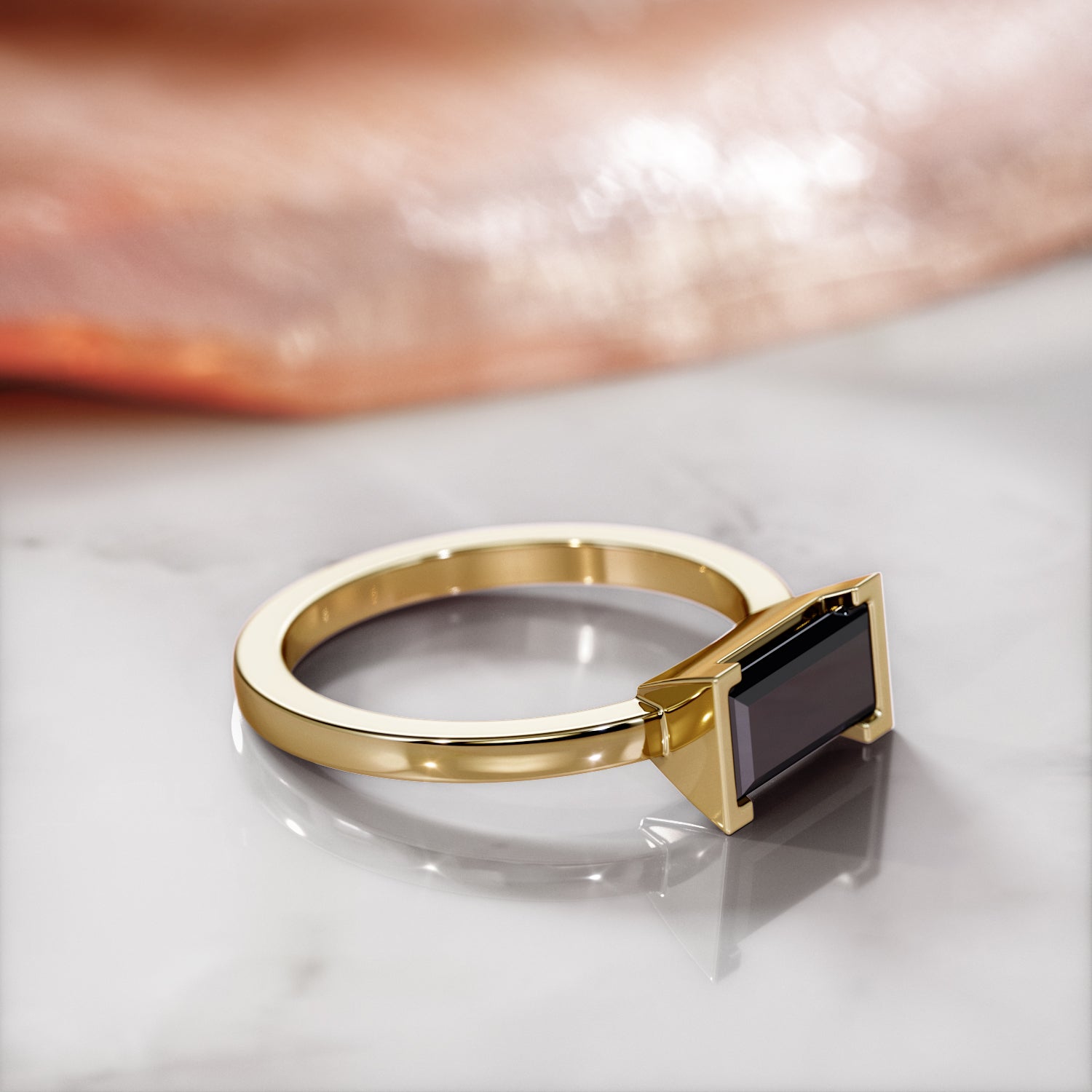 East West Natural Black Diamond Emerald Cut Engagement Ring