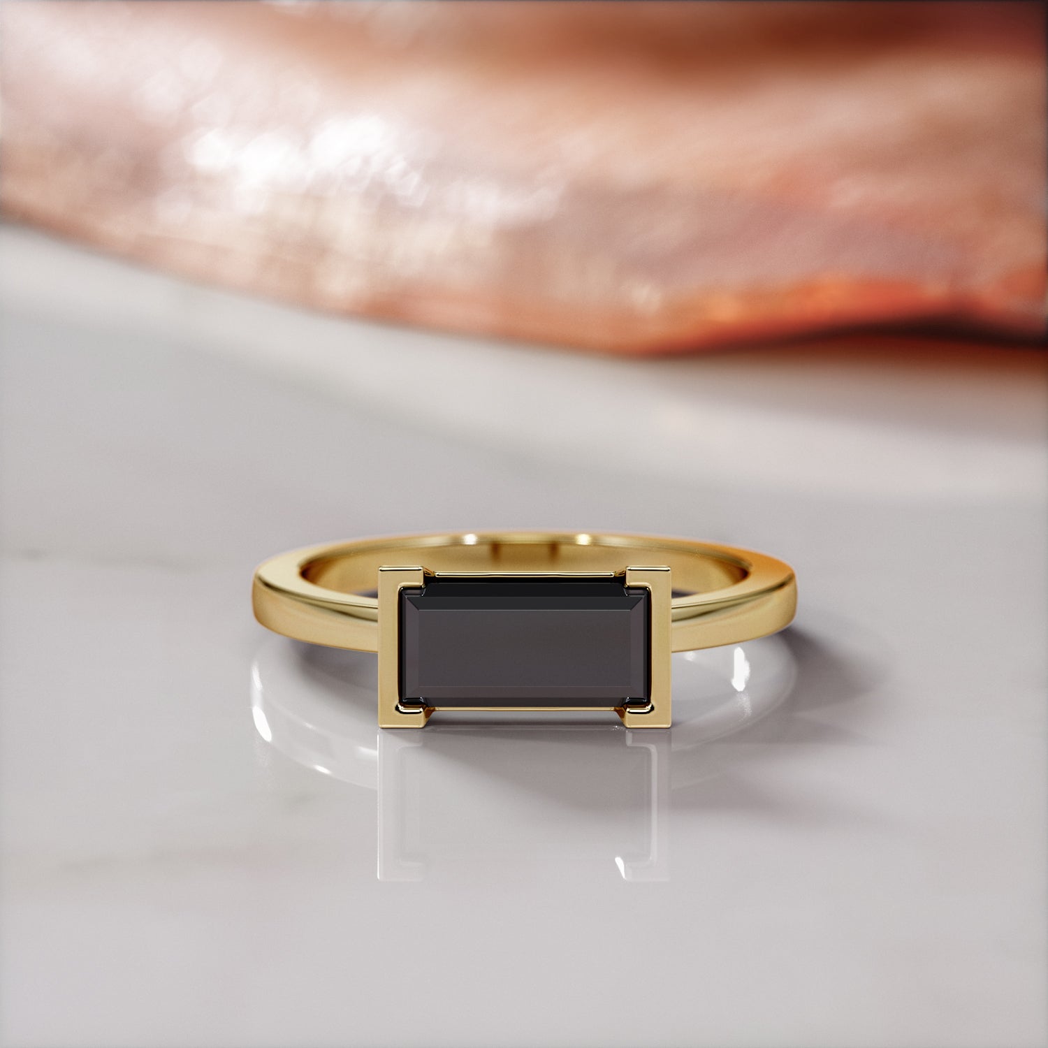 East West Natural Black Diamond Emerald Cut Engagement Ring