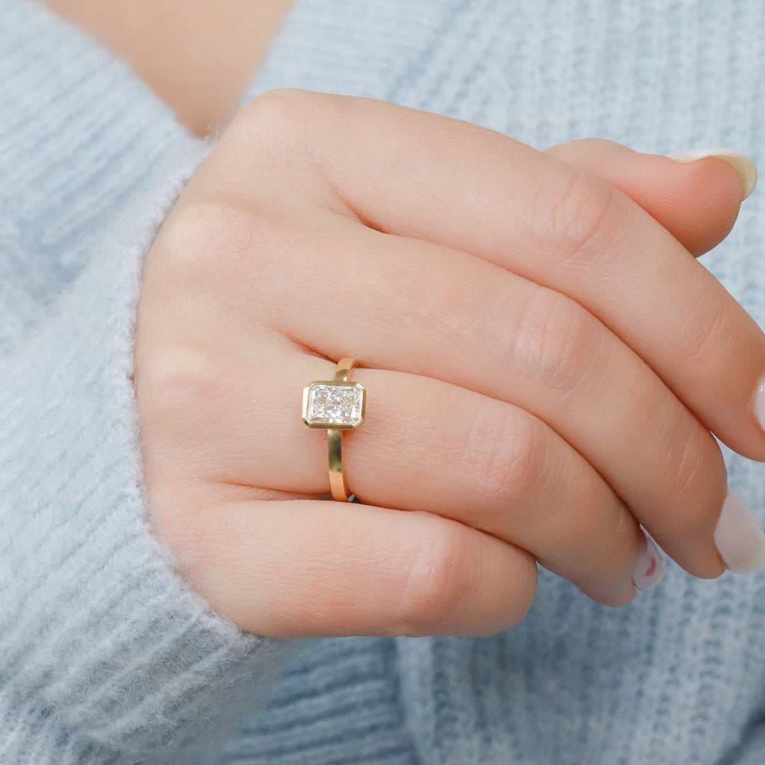 Art Deco Bezel Natural Radiant Cut Diamond Engagement Ring