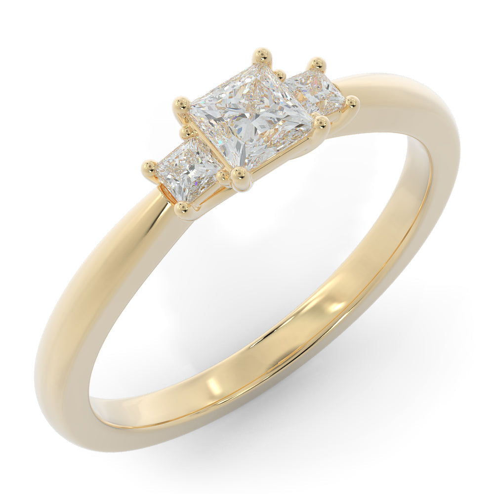 Three Stone Square Natural Princess  Diamond Engagement Ring in Yellow Gold