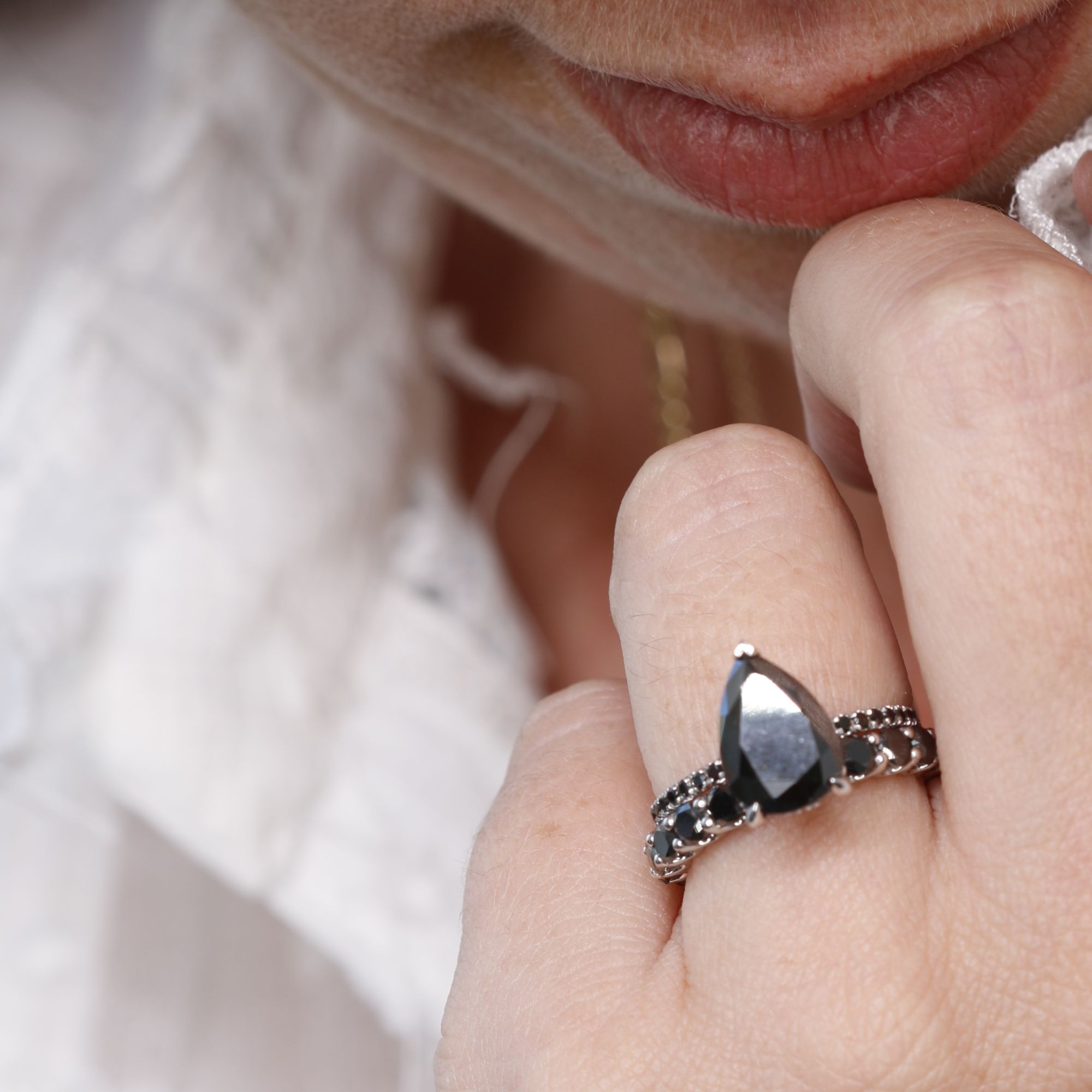 Alternative Natural Black Diamond Pear Cut Engagement Ring