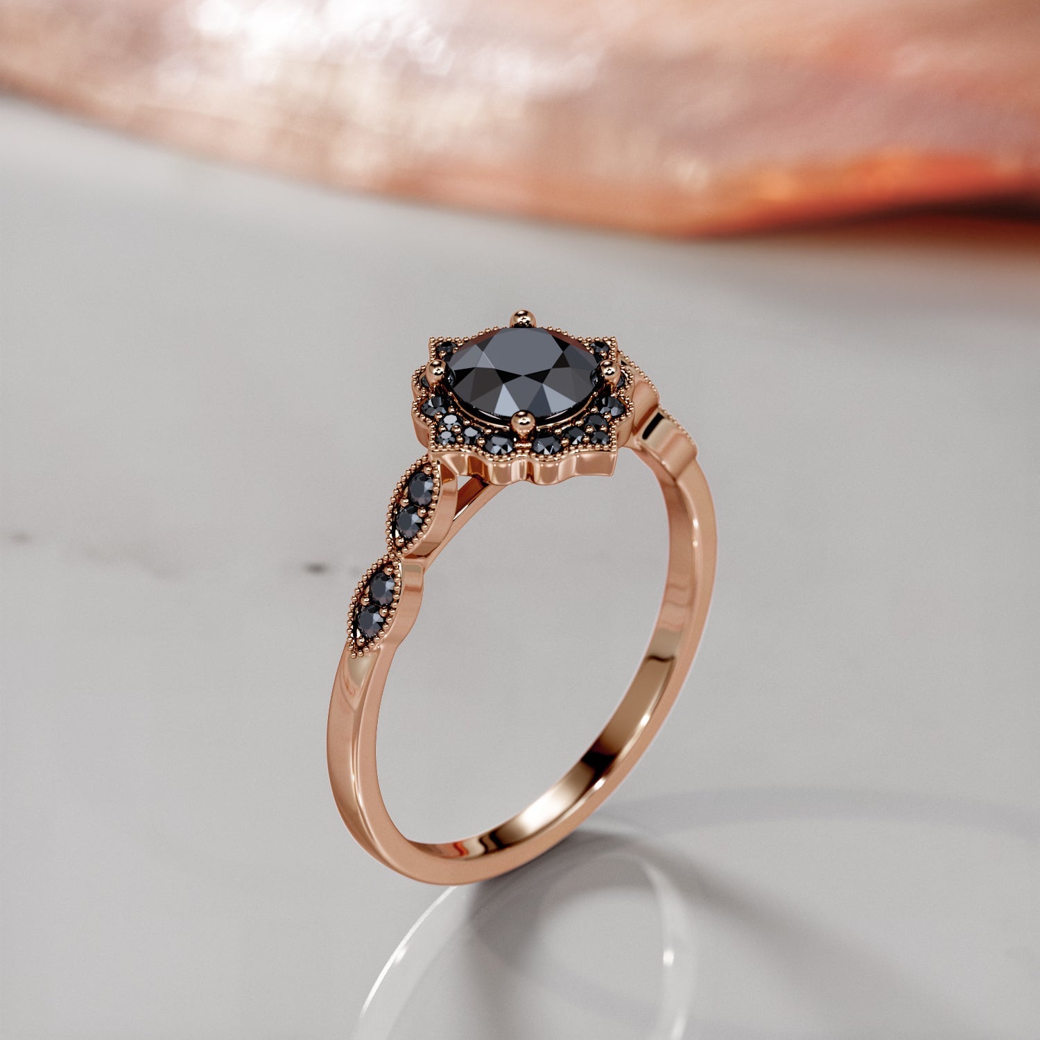 VIntage Halo  Natural Black Diamond Round Engagement Ring