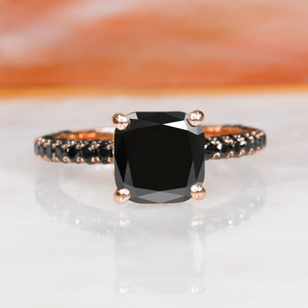 3.44 Carats Double Hidden Halo Three-Sided Black & White Natural Diamond Cushion Cut