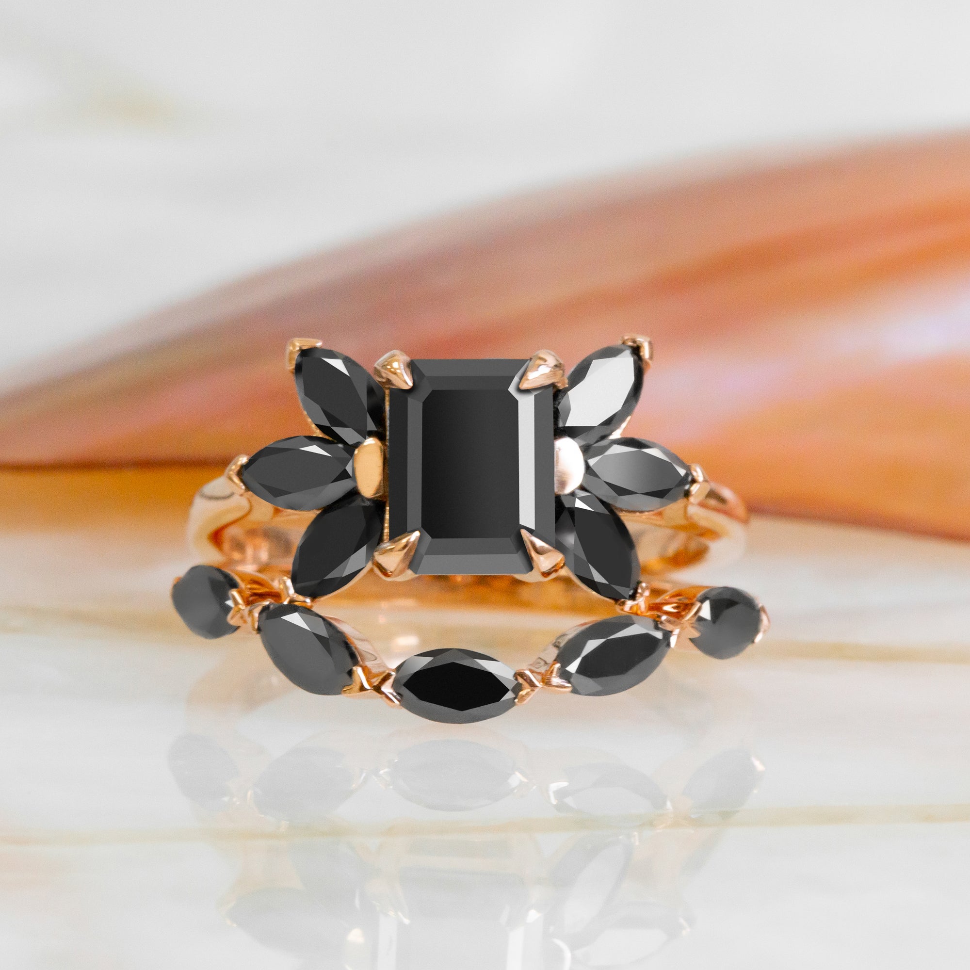 Curved Wedding Ring with Marquise Cut Natural Black Diamonds