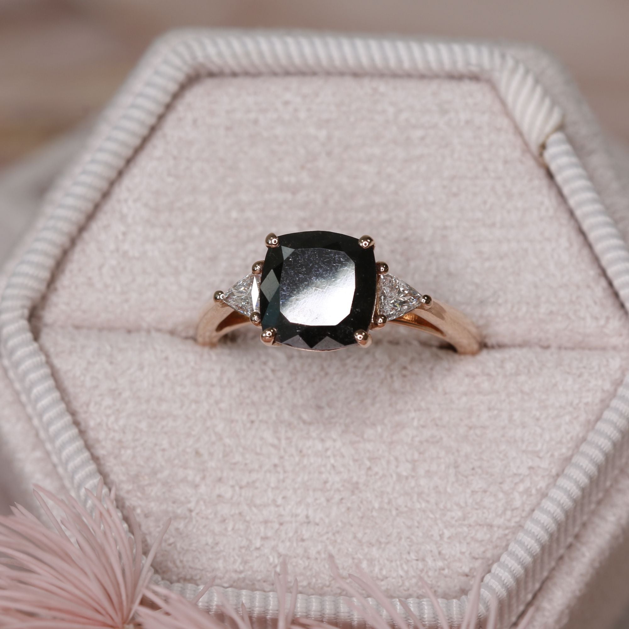 Unique  Natural Black Diamond Cushion Engagement Ring