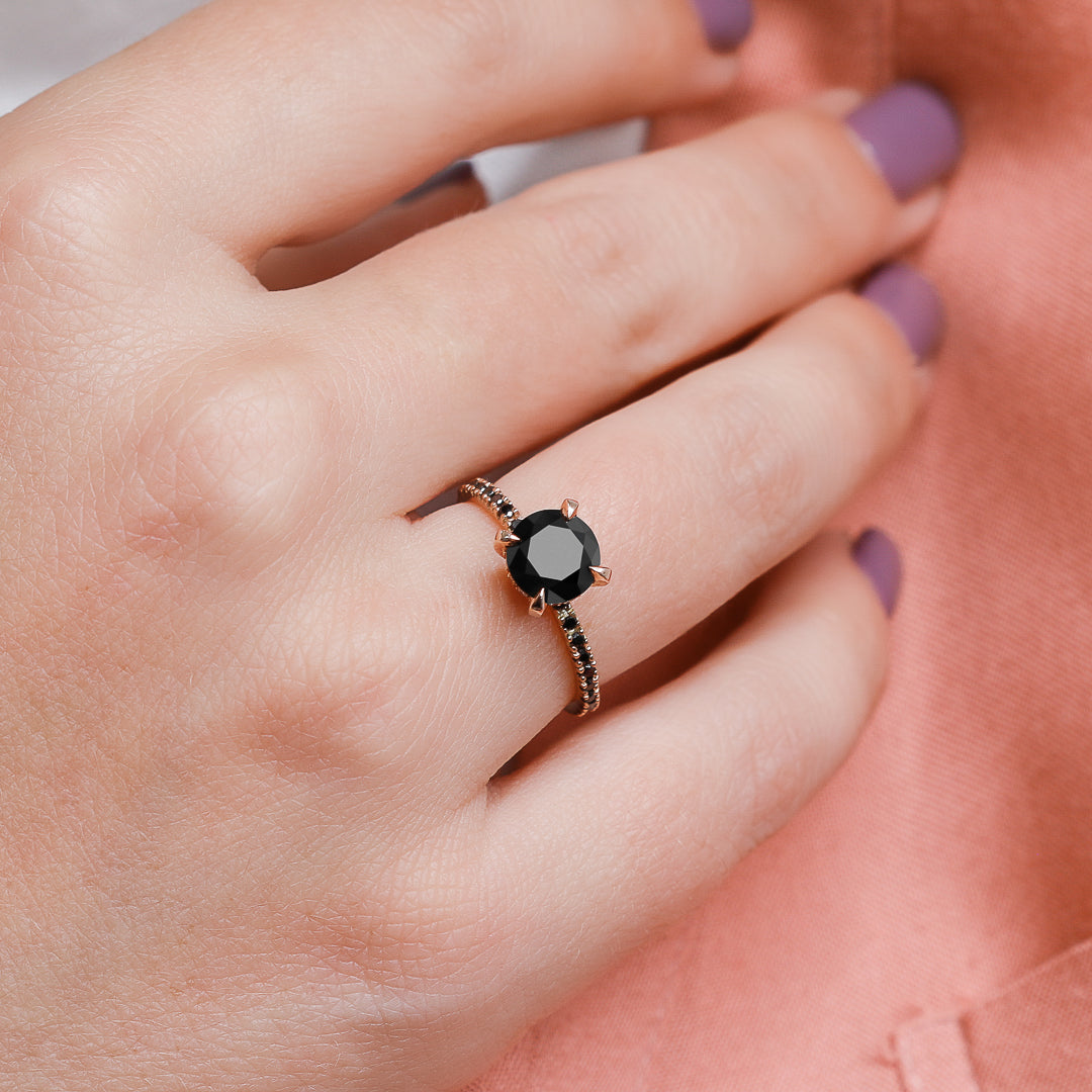 Unique Natural Black Diamond Round Engagement Ring
