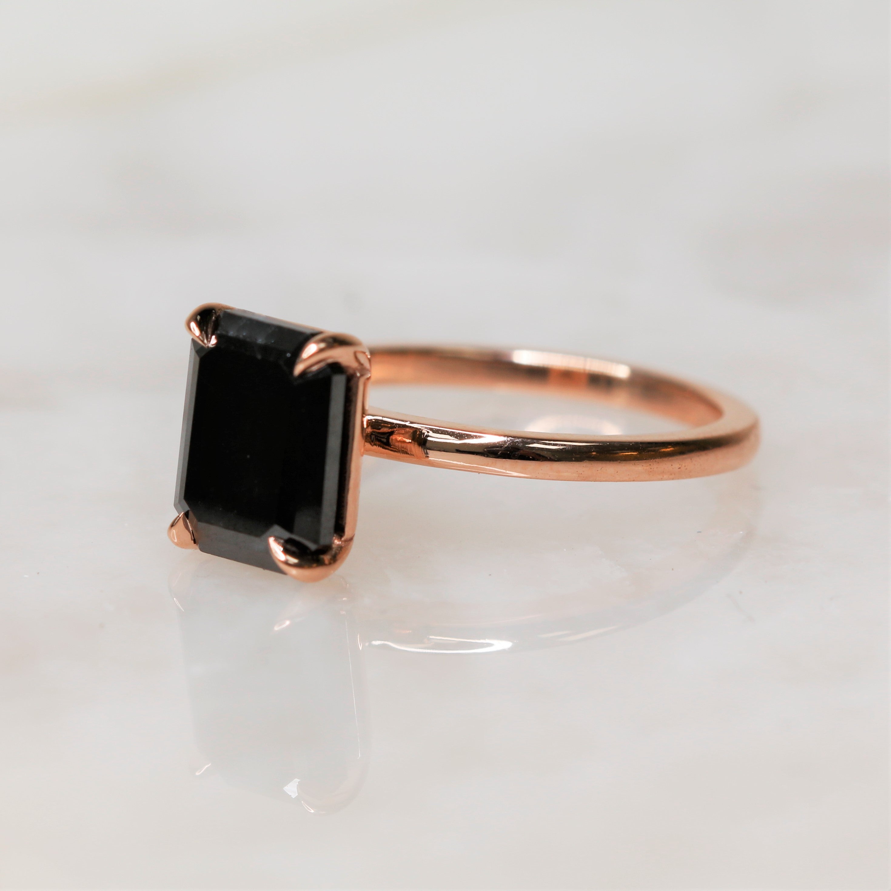 Natural Black Diamond Emerald Cut Engagement Ring