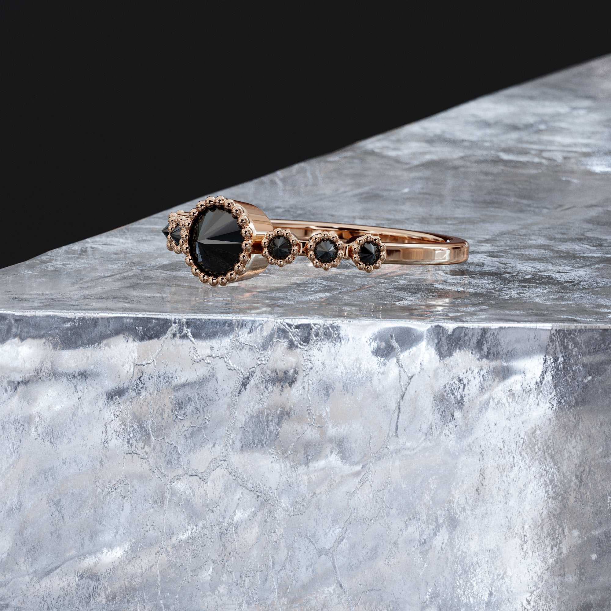 Butterfly - Unique  Natural Black Diamond Round Engagement Ring In Rose Gold