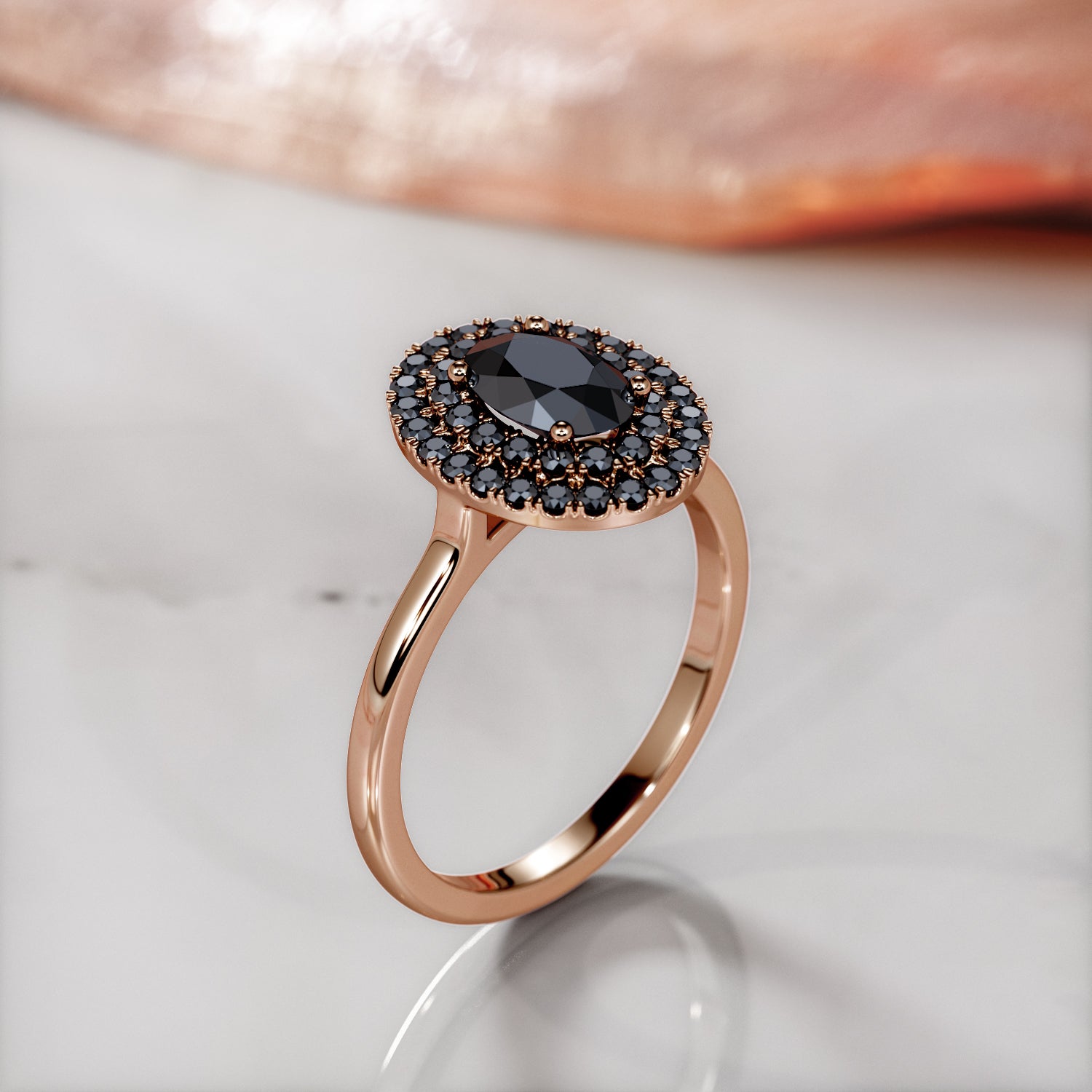 Double Halo Natural Black Diamond Oval Engagement Ring