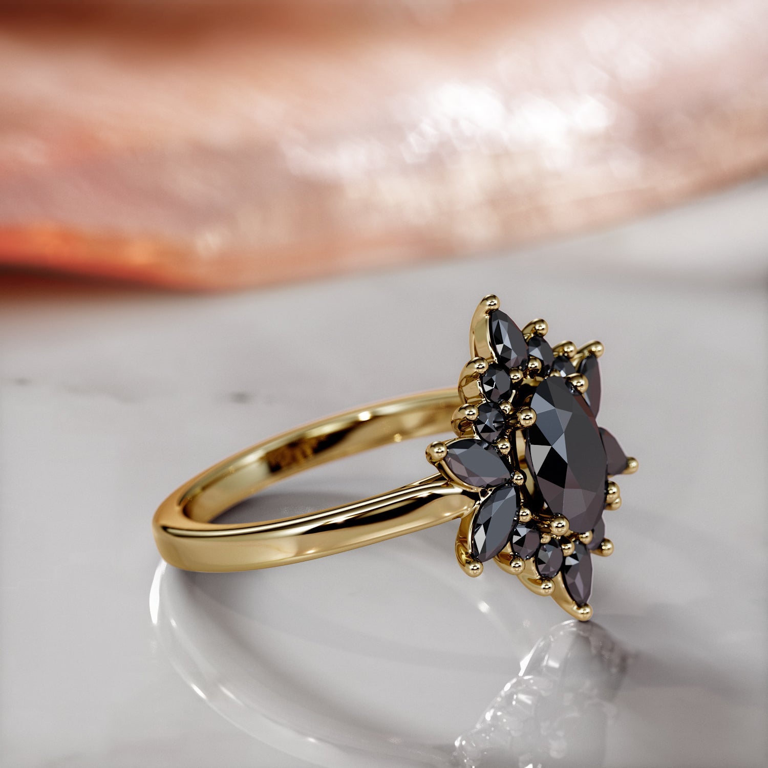 Floral  Natural Black Diamond Oval Engagement Ring