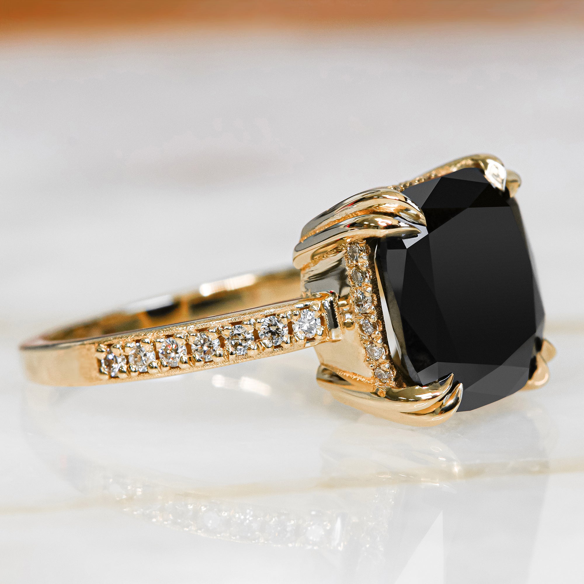 Art Deco Natural Black & White Diamond Cushion Engagement Ring