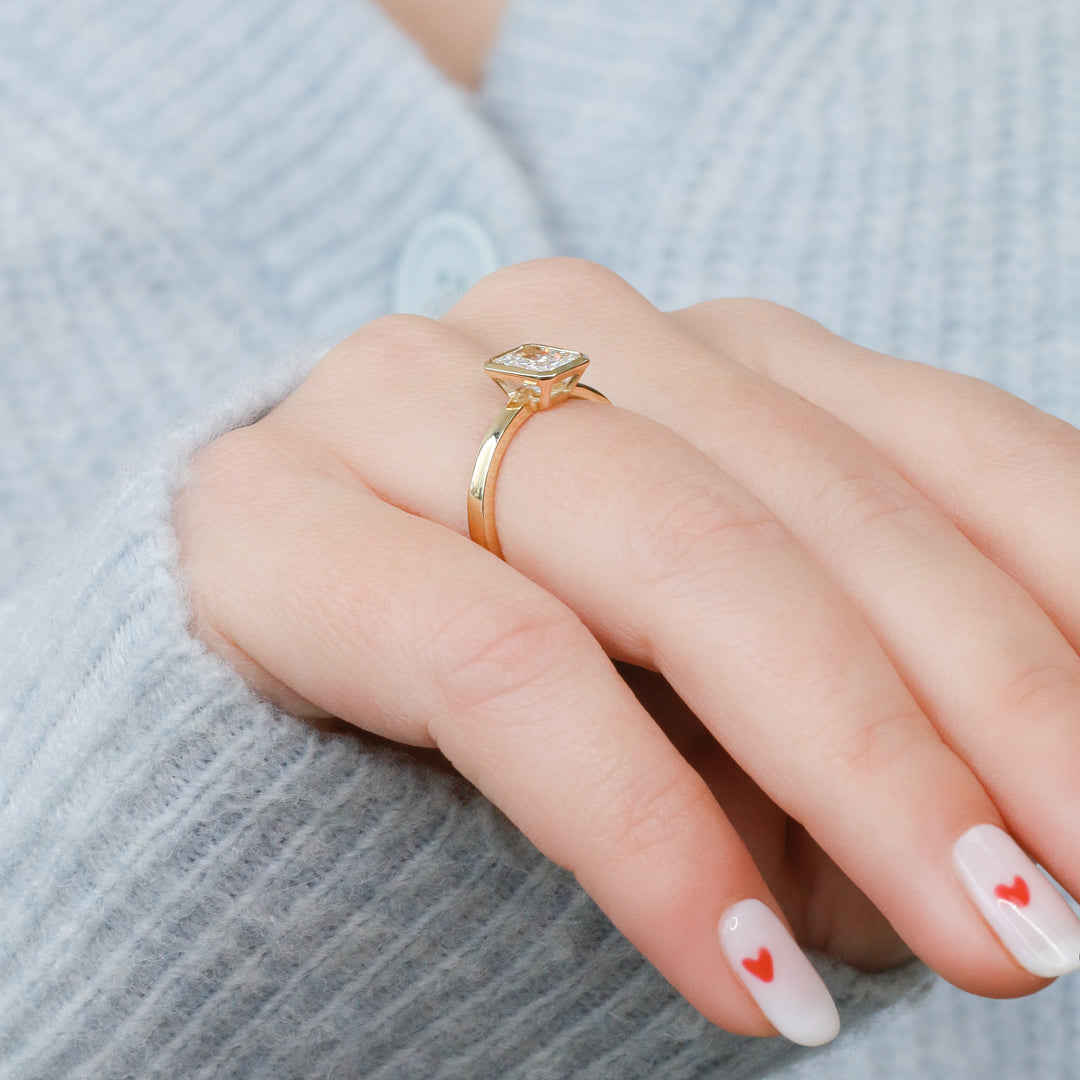 Art Deco Bezel Natural Radiant Cut Diamond Engagement Ring