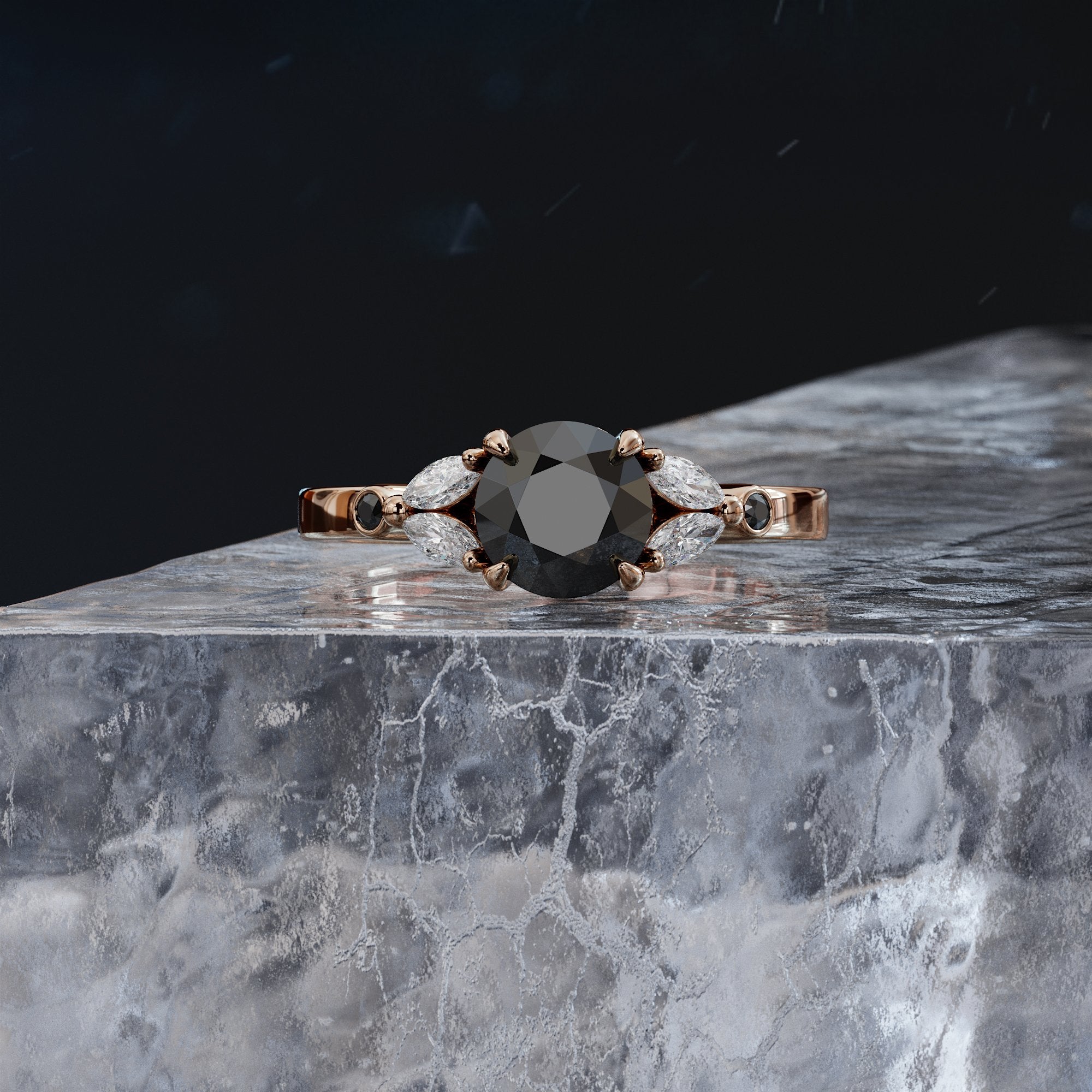 Floral  Natural Black & White Marquise Diamond Ring