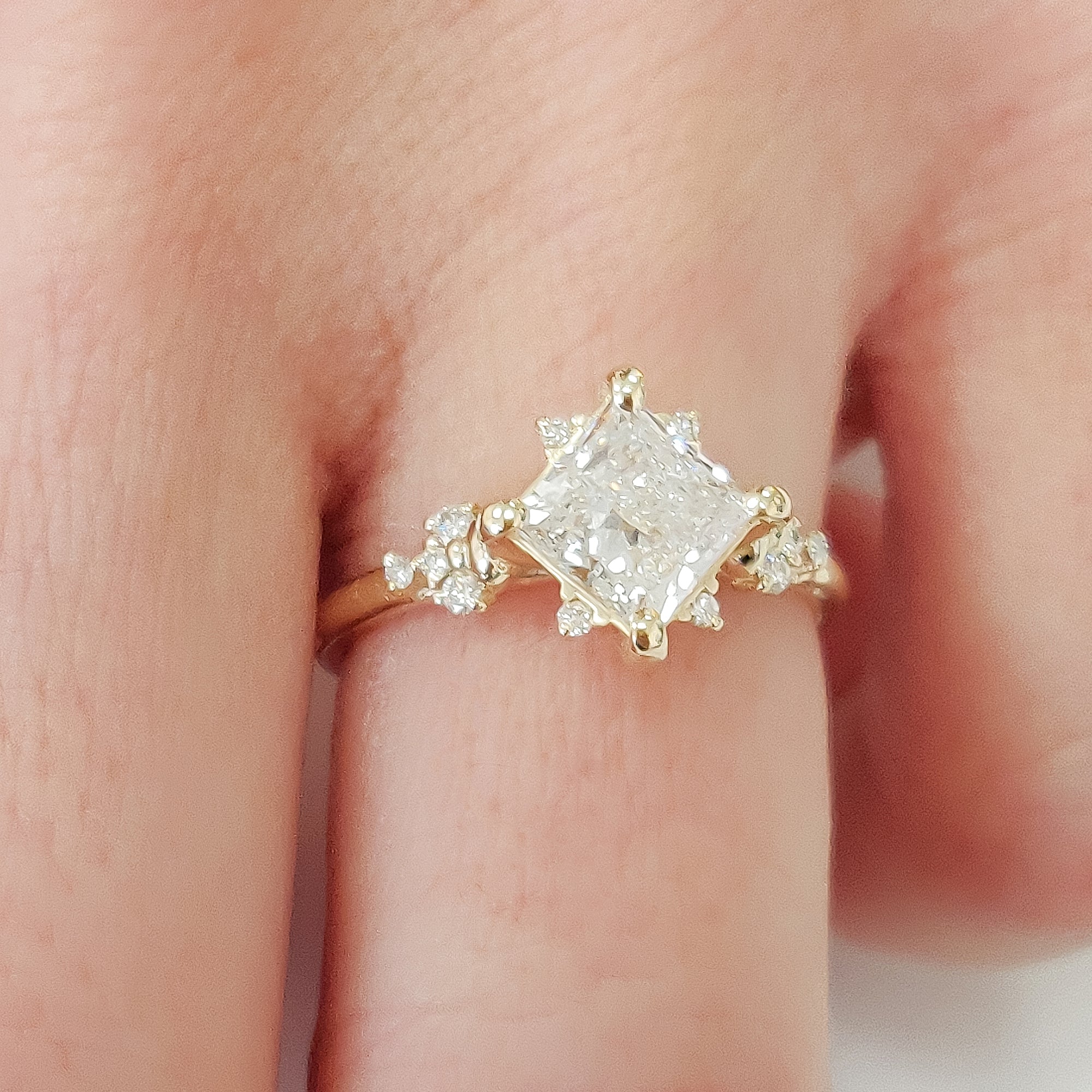 Cluster Natural Princess Cut  Diamond Engagement Ring