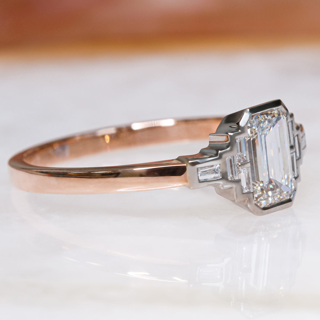 Emerald Cut & Baguette Art Deco Natural  Diamond Engagement Ring