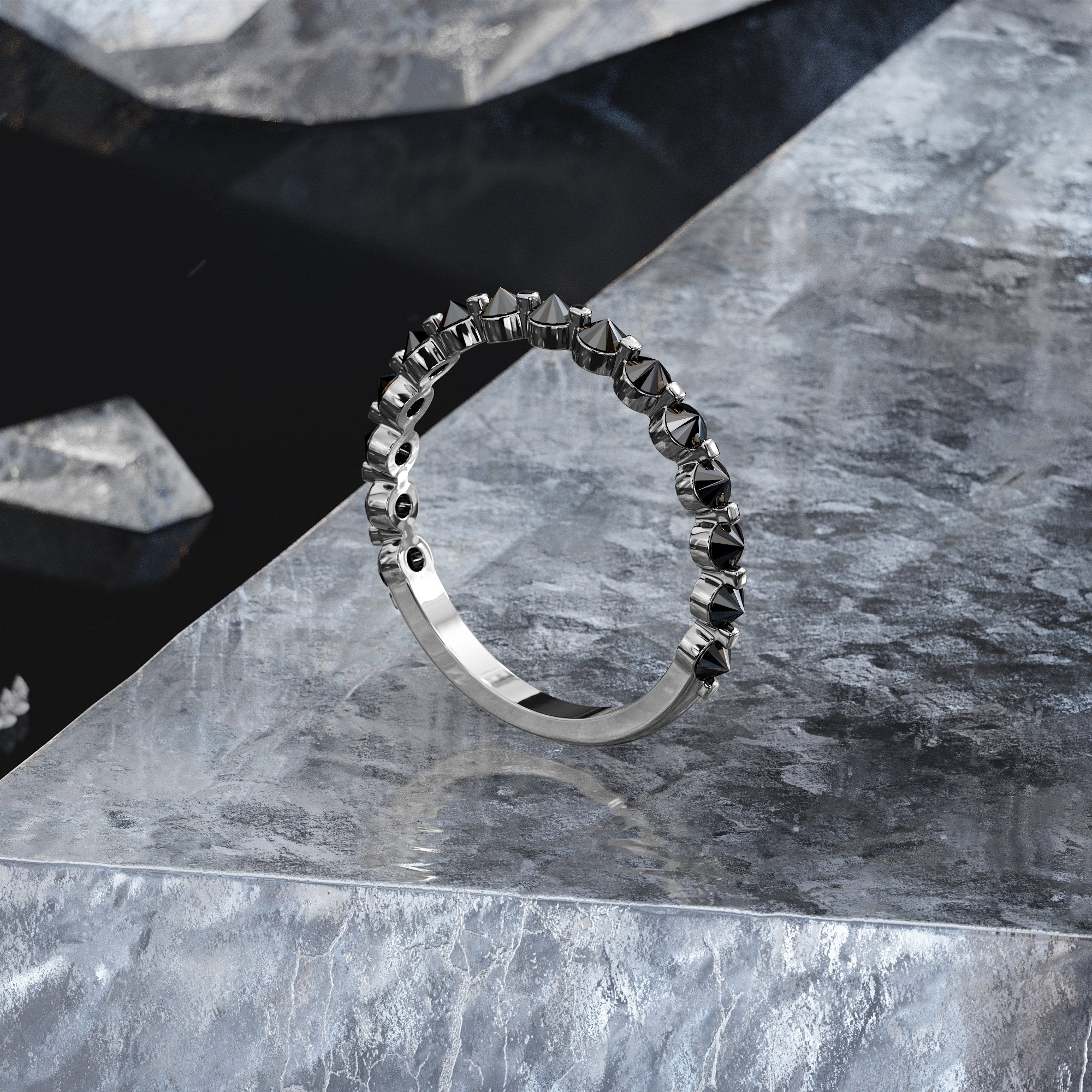 Unique Wedding Ring with Round Cut Natural Black Diamonds In White Gold