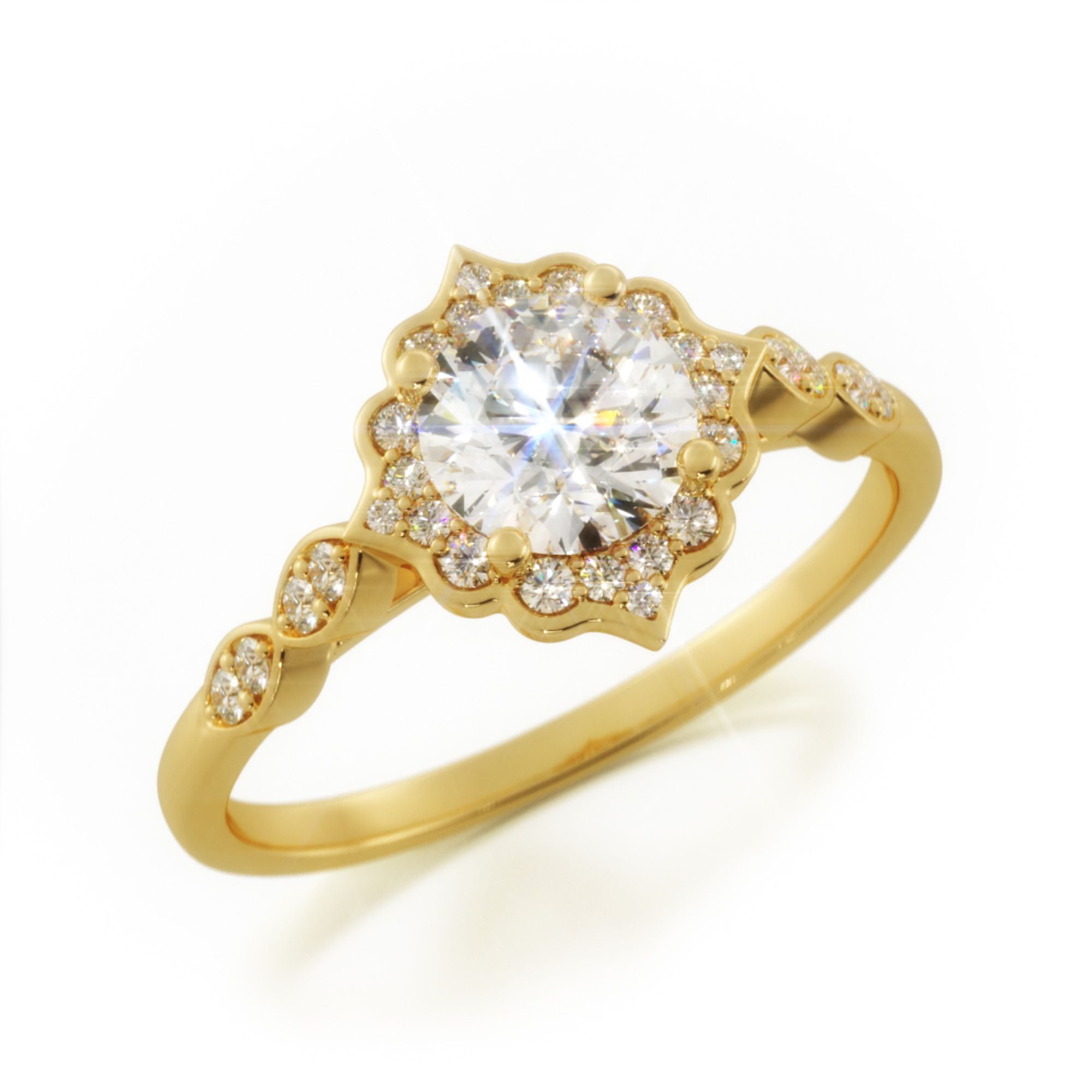 Decorative Halo Natural Round  Diamond Engagement Ring