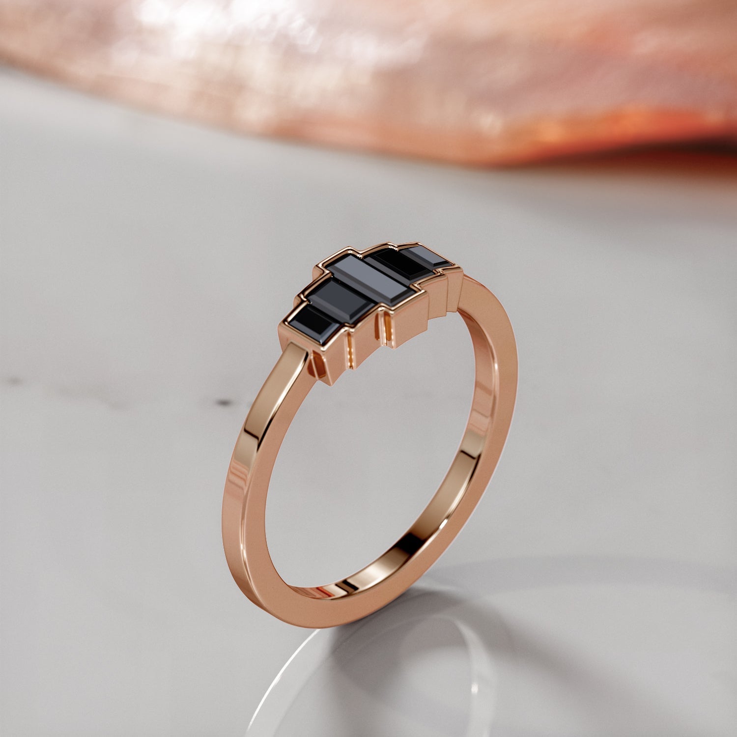 Geometric Natural Black Diamond Ring Set With Baguette Cut Diamonds