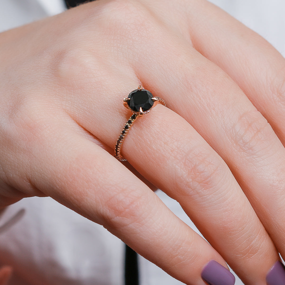 Unique Natural Black Diamond Round Engagement Ring