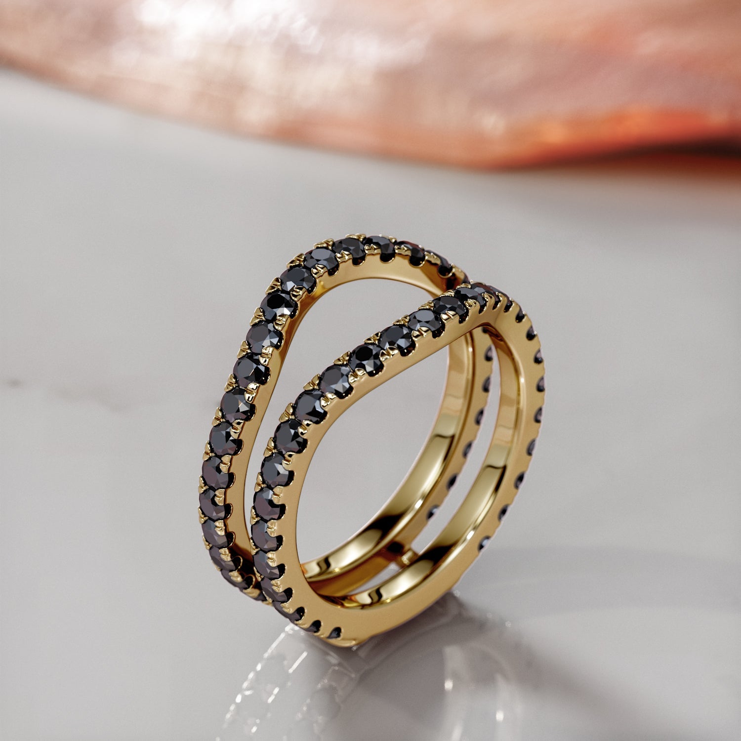 Double Band Wedding Ring with Round Cut Natural Black Diamonds