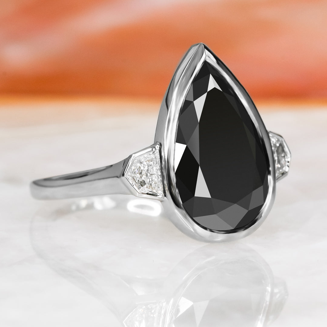 Bezel  Natural Black Diamond Pear Engagement Ring