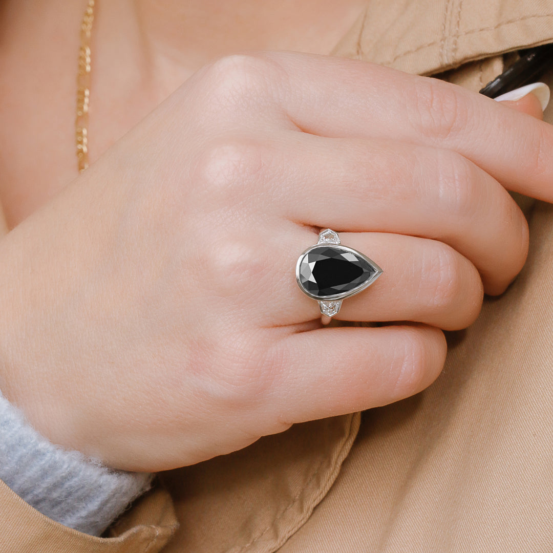 Bezel  Natural Black Diamond Pear Engagement Ring
