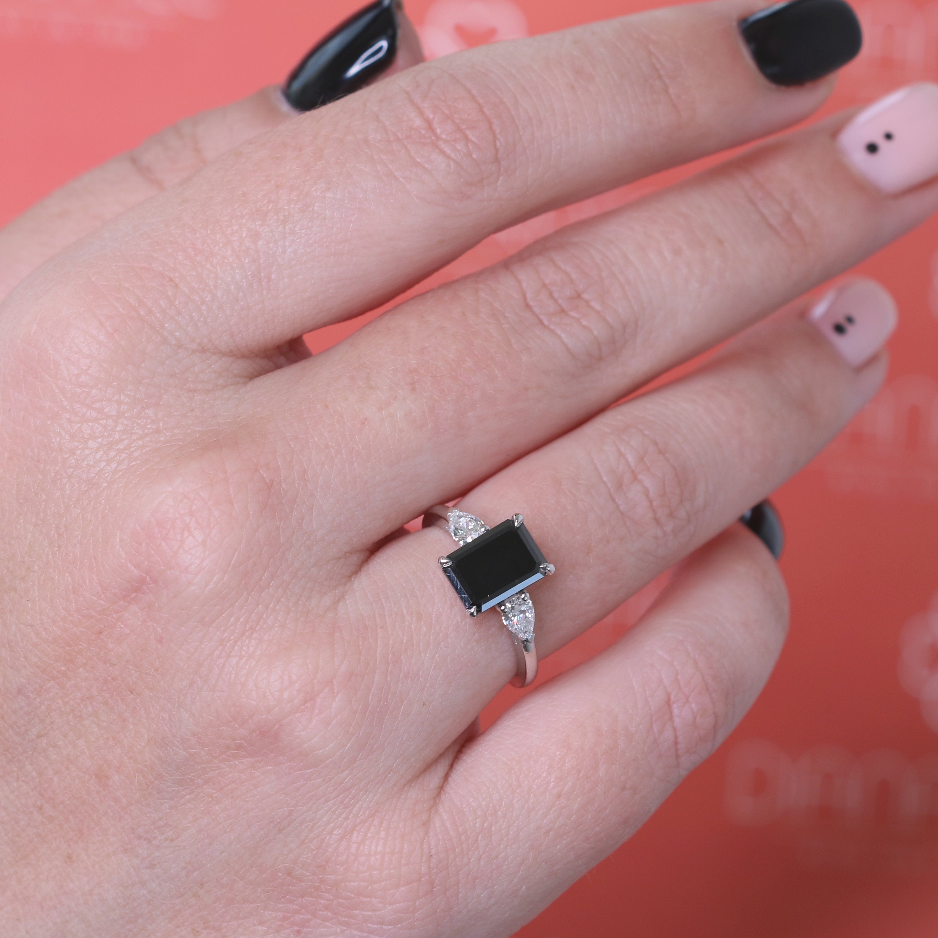 Unique  Natural Black Diamond Emerald Engagement Ring